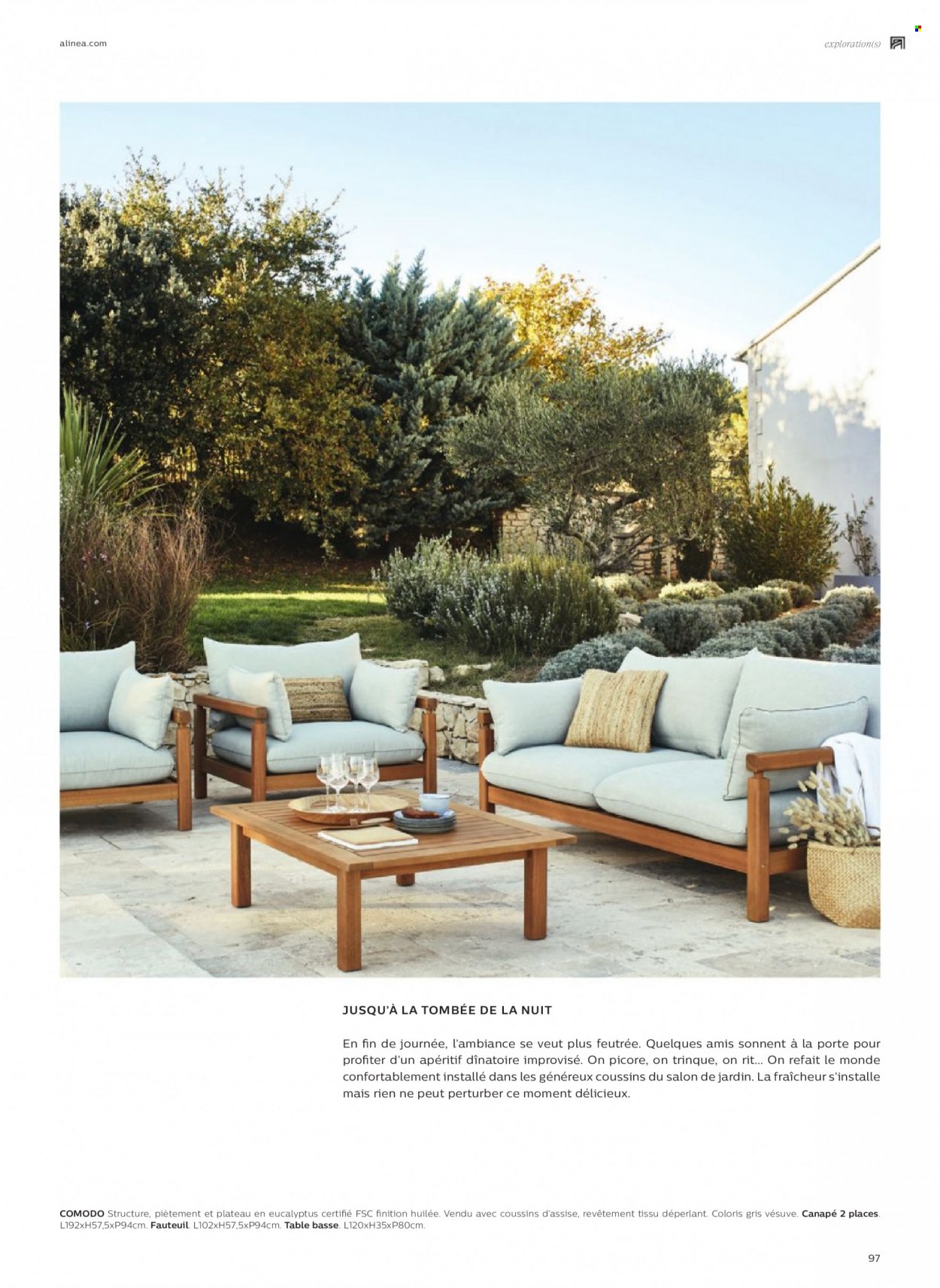 thumbnail - Catalogue alinea - Produits soldés - table, coussin, canapé, canapé 2 places, fauteuil, table basse, salon de jardin. Page 97.