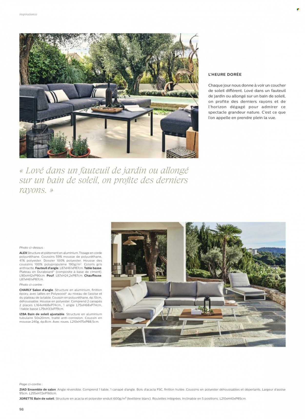 thumbnail - Catalogue alinea - Produits soldés - table, coussin, fauteuil, table basse, salon de jardin, bain de soleil. Page 98.