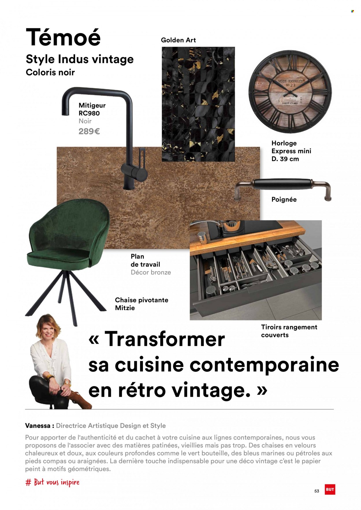 thumbnail - Catalogue BUT - 18/04/2023 - 30/04/2024 - Produits soldés - chaise pivotante, couverts, horloge. Page 53.