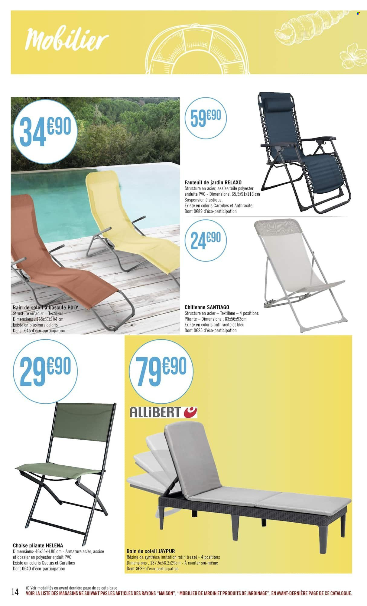 thumbnail - Catalogue Géant Casino - 09/05/2023 - 04/06/2023 - Produits soldés - chaise, chaise pliante, bain de soleil, cactus. Page 14.