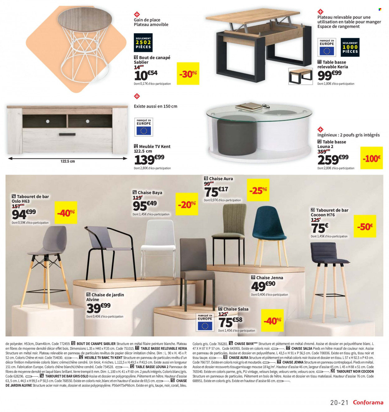 thumbnail - Catalogue Conforama - 09/05/2023 - 12/06/2023 - Produits soldés - table, chaise, banc, tabouret de bar, bout de canapé, table basse, meuble tv. Page 21.