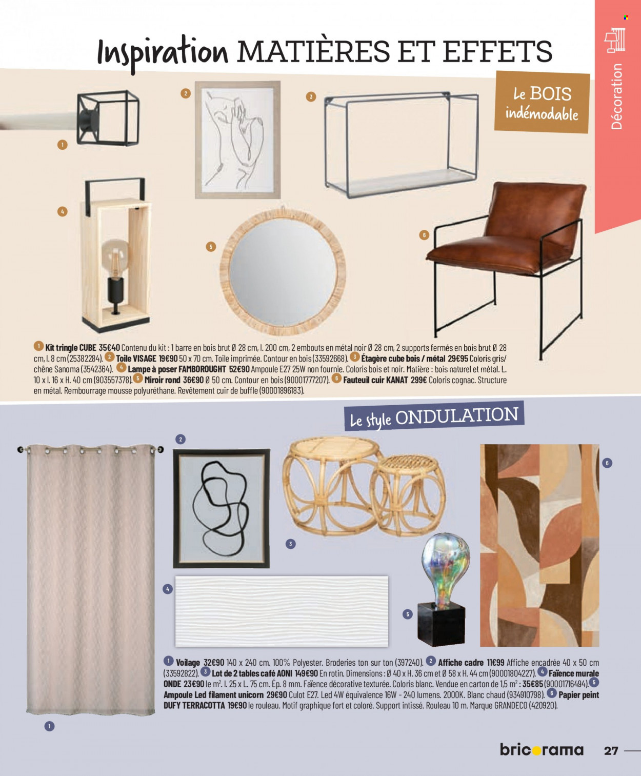 thumbnail - Catalogue Bricorama - 16/05/2023 - 02/07/2023 - Produits soldés - table, ampoule LED, voilage, étagère, fauteuil, miroir, lampe. Page 27.