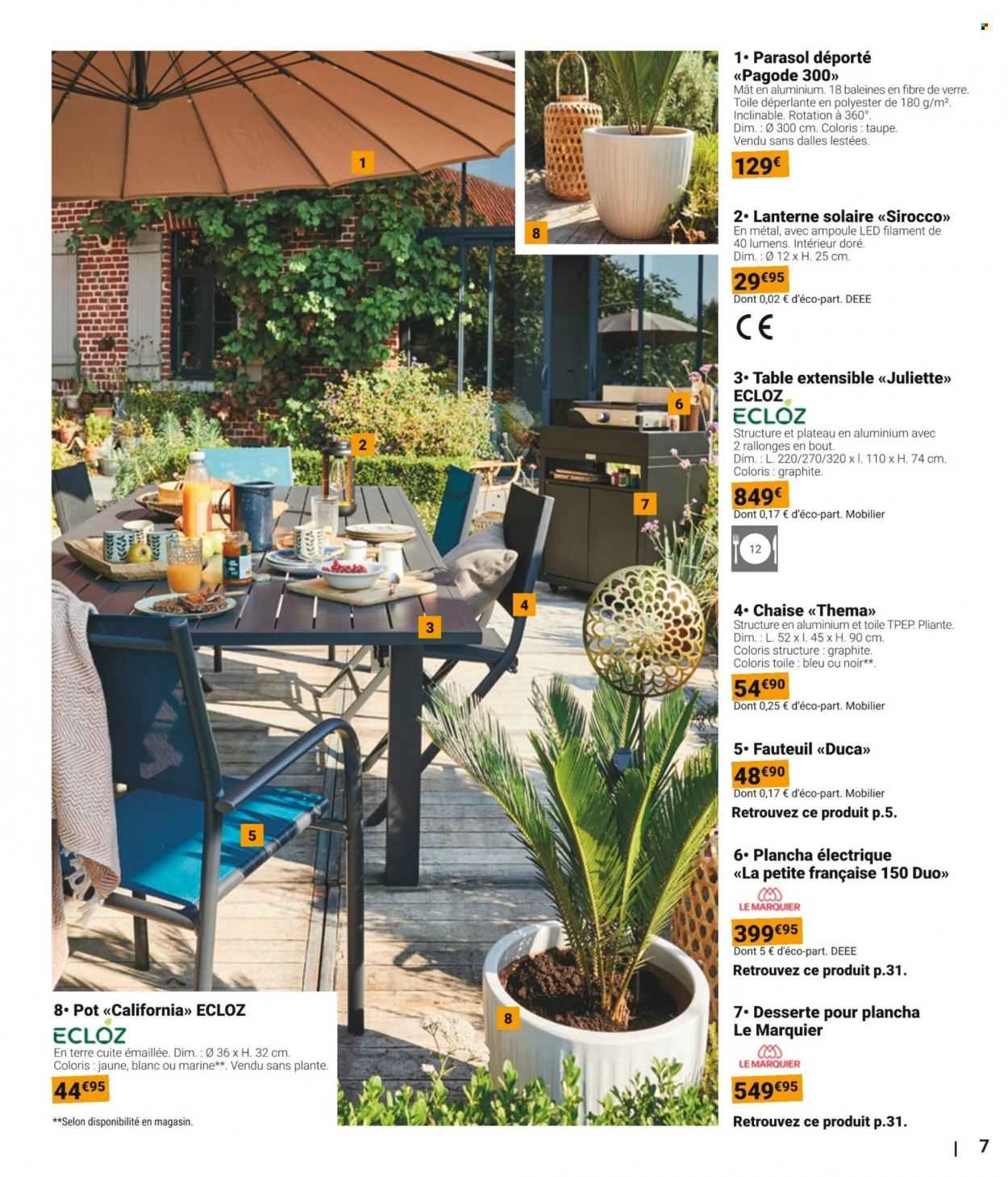 thumbnail - Catalogue Gamm vert - 22/03/2023 - 04/06/2023 - Produits soldés - table, table extensible, fauteuil, chaise, lanterne, parasol, parasol déporté. Page 7.