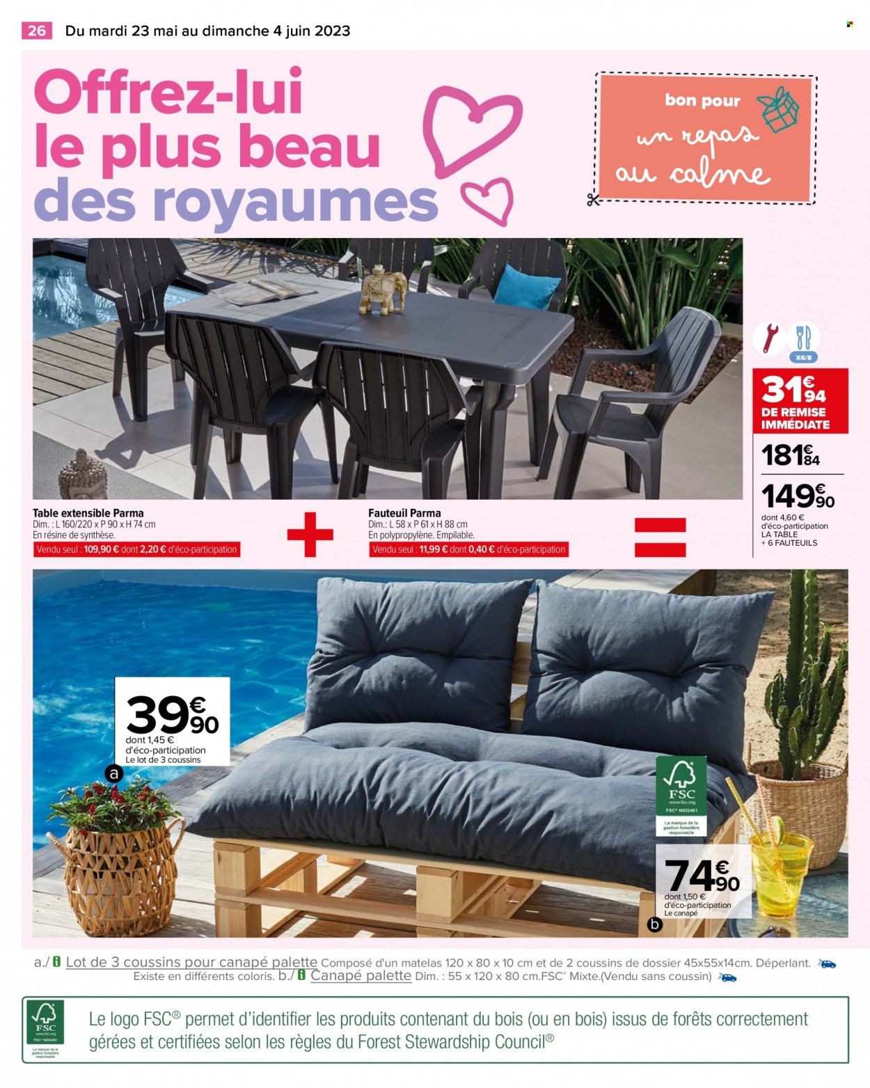 thumbnail - Catalogue Carrefour Hypermarchés - 23/05/2023 - 04/06/2023 - Produits soldés - table, Palette, coussin, table extensible, fauteuil. Page 26.