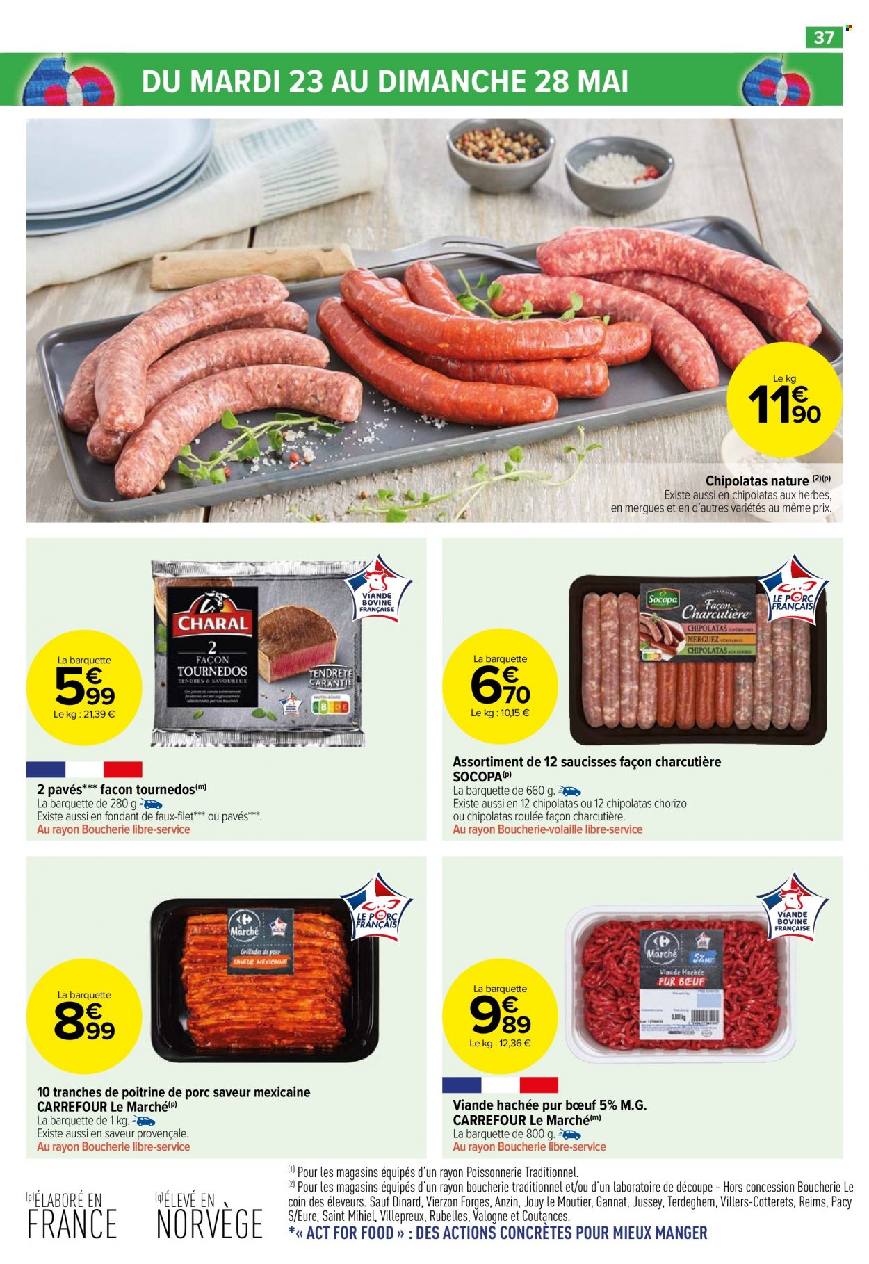 thumbnail - Catalogue Carrefour Market - 23/05/2023 - 04/06/2023 - Produits soldés - poitrine de porc, viande de porc, viande, viande hachée, chorizo, saucisse, chipolata. Page 39.