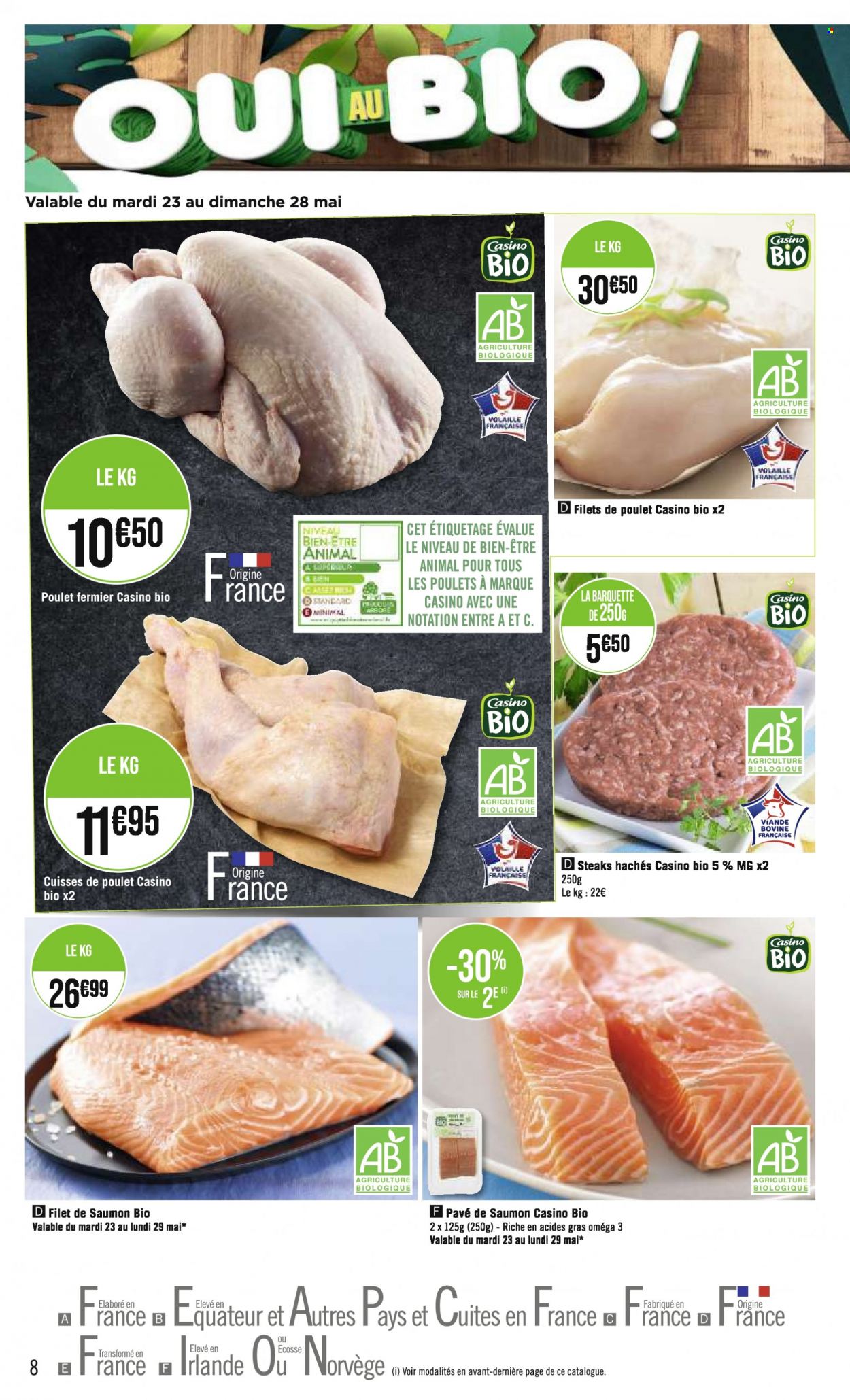 thumbnail - Catalogue Casino Supermarchés - 22/05/2023 - 04/06/2023 - Produits soldés - viande, filet de poulet, cuisses de poulet, viande de poulet, steak haché, viande hachée, saumon, pavés de saumon. Page 8.