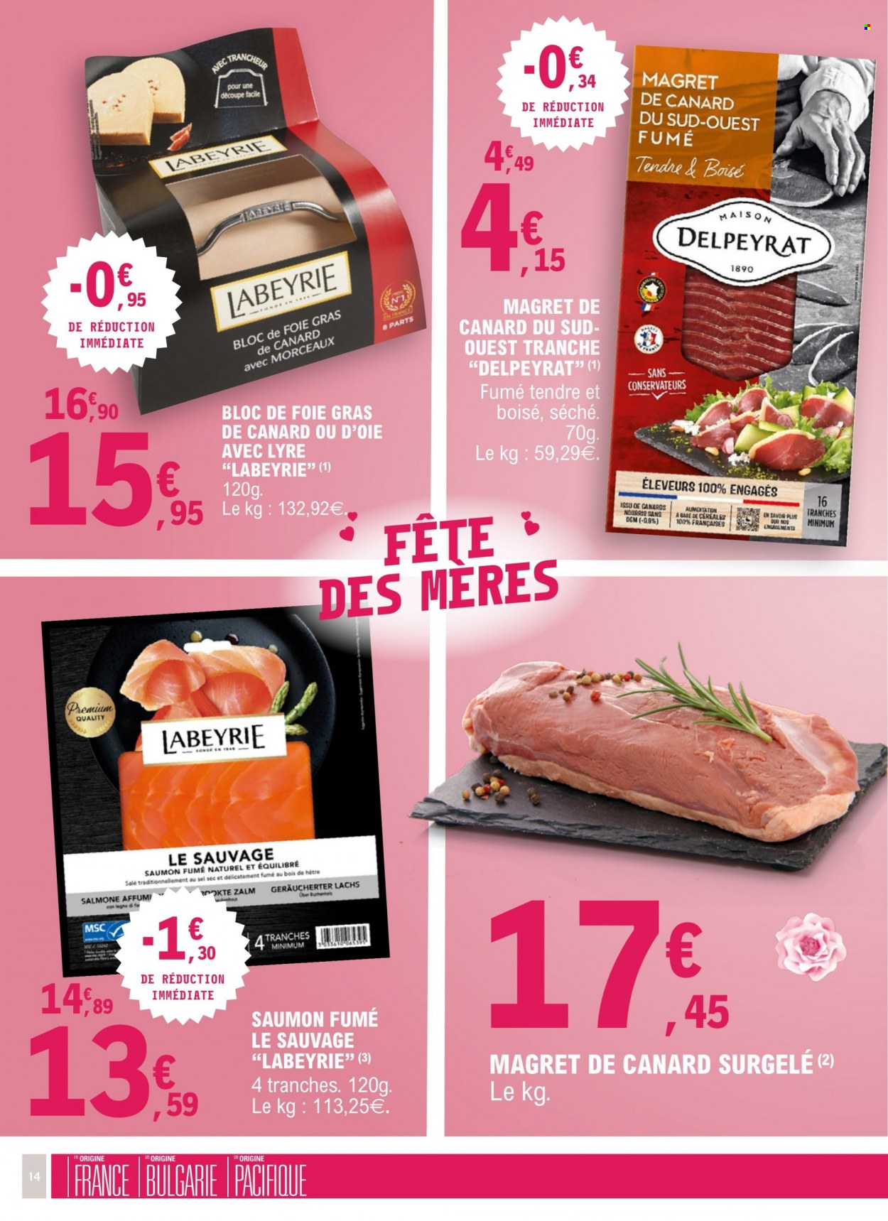 thumbnail - Catalogue E.Leclerc - 23/05/2023 - 04/06/2023 - Produits soldés - magret de canard, saumon, Labeyrie, foie gras, saumon fumé, maison. Page 14.