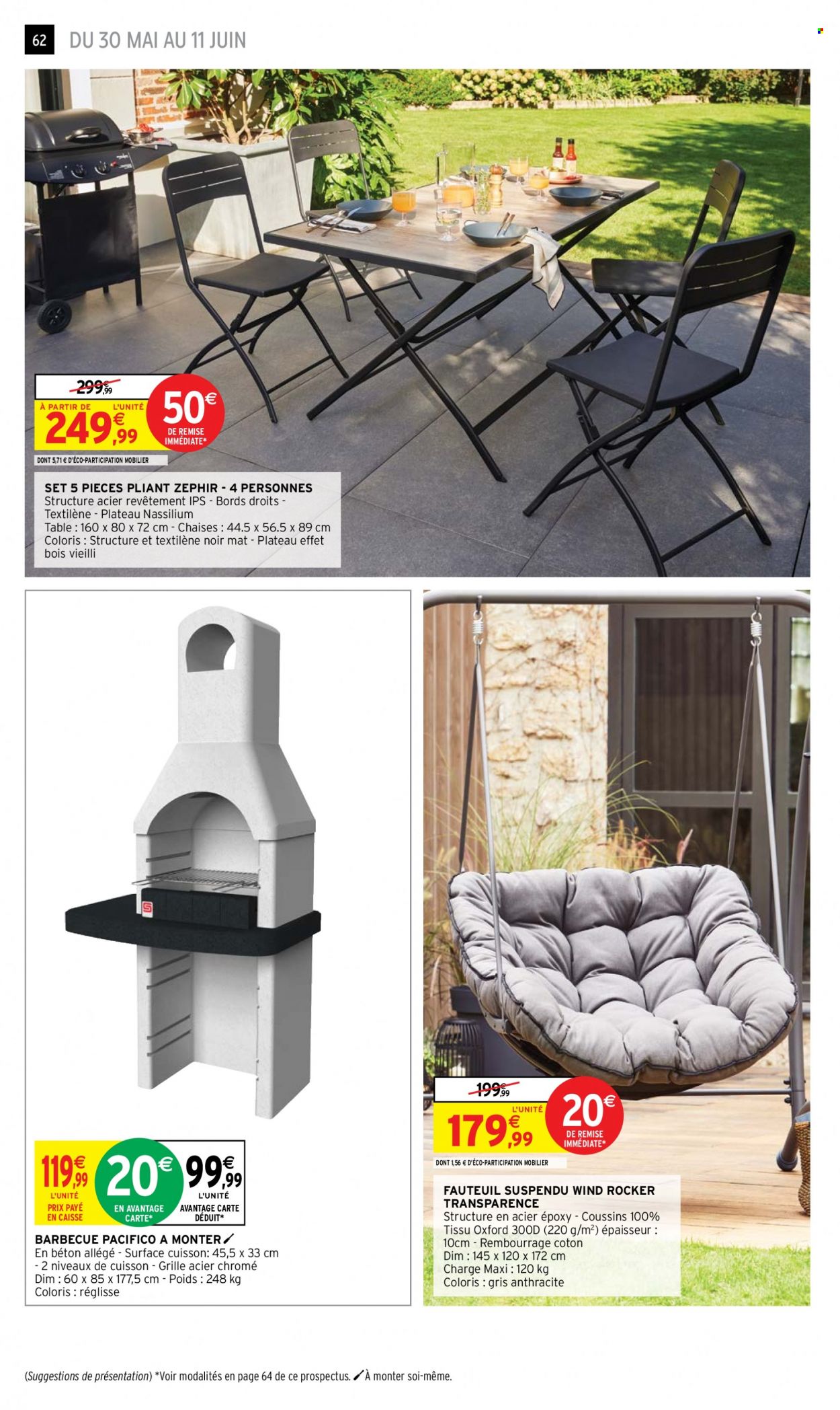 thumbnail - Catalogue Intermarché Hyper - 30/05/2023 - 11/06/2023 - Produits soldés - table, chaise, coussin, fauteuil, fauteuil oeuf suspendu, barbecue. Page 54.