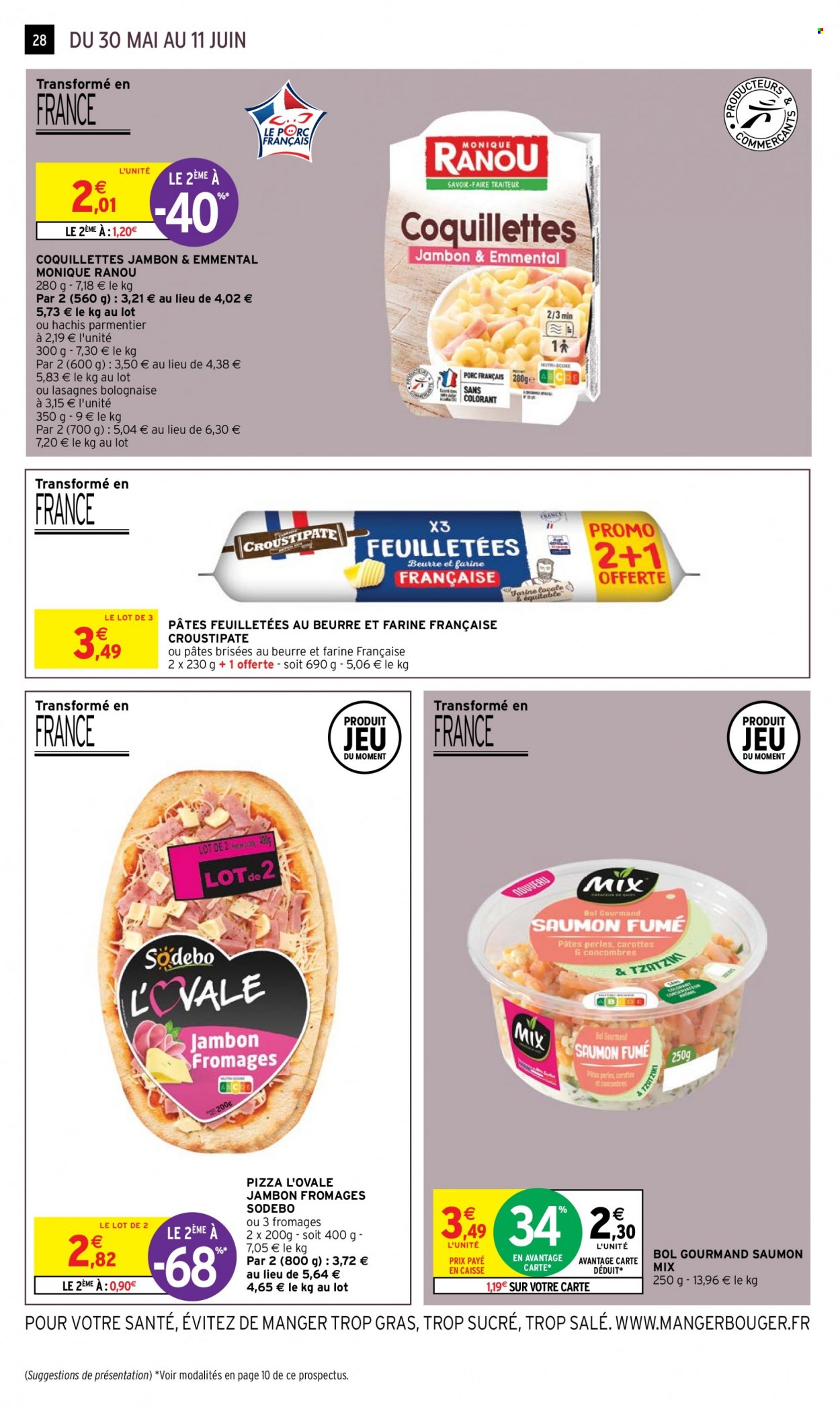 thumbnail - Catalogue Intermarché Super - 30/05/2023 - 11/06/2023 - Produits soldés - carotte, hachis parmentier, saumon, pizza, lasagnes, Sodebo, tzatziki, saumon fumé, fromage. Page 28.