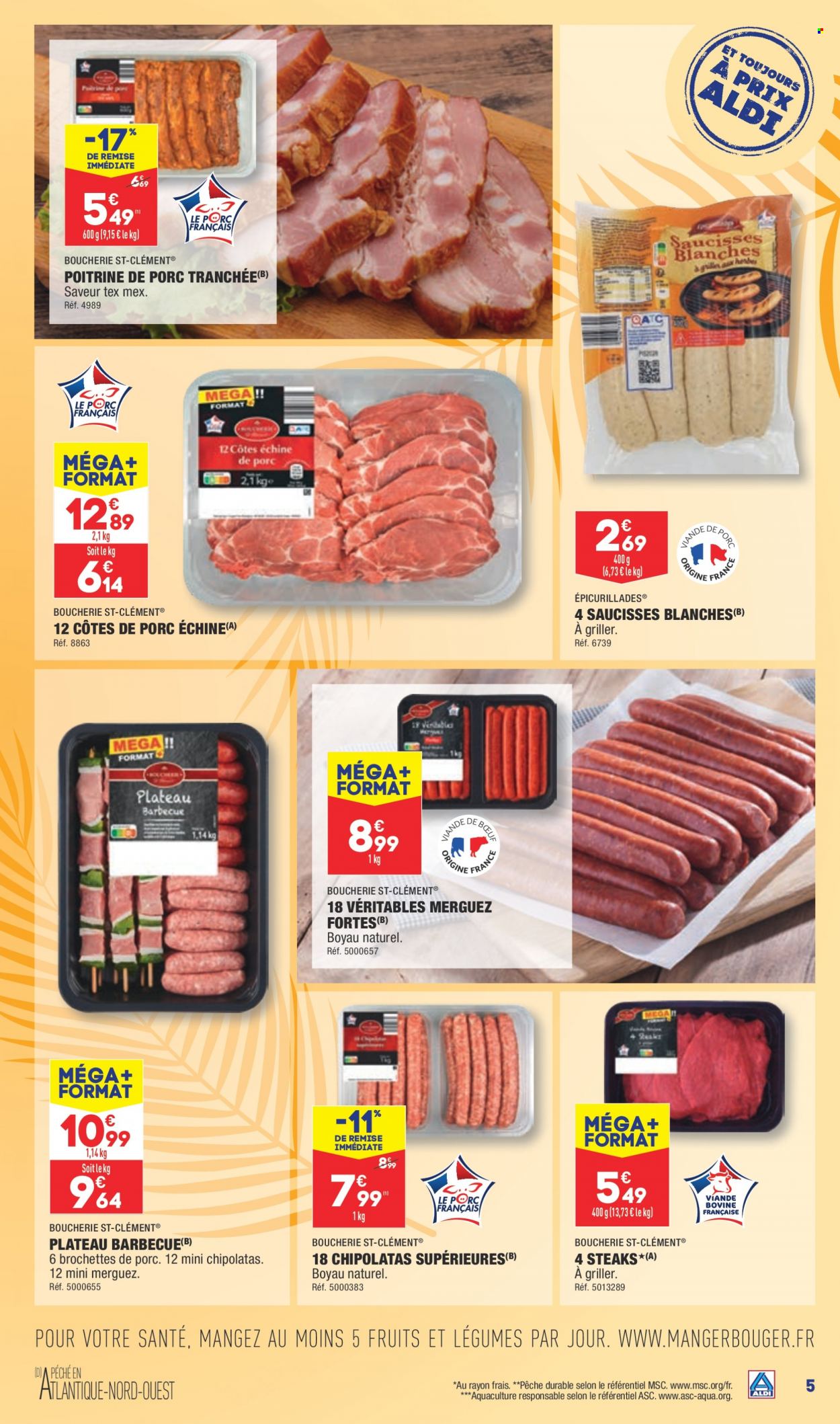 thumbnail - Catalogue ALDI - 31/05/2023 - 05/06/2023 - Produits soldés - steak, côtes de porc, côtes de porc échine, poitrine de porc, brochettes de porc, viande de porc, merguez, saucisse, chipolata. Page 8.