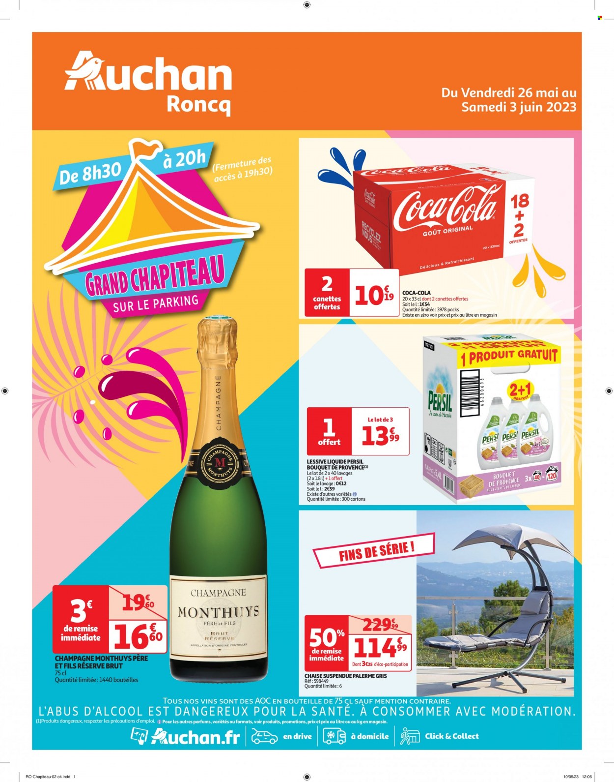 thumbnail - Catalogue Auchan - 26/05/2023 - 03/06/2023 - Produits soldés - alcool, chaise, Coca-Cola, champagne, vin, lessive, Persil. Page 1.