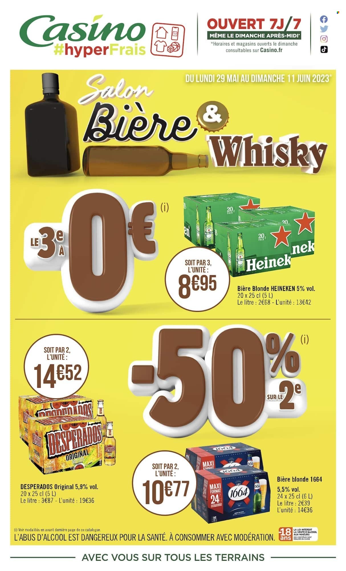 thumbnail - Catalogue Géant Casino - 29/05/2023 - 11/06/2023 - Produits soldés - bière, bière blonde, Heineken, Desperados Original, 1664, Desperados, whisky. Page 1.