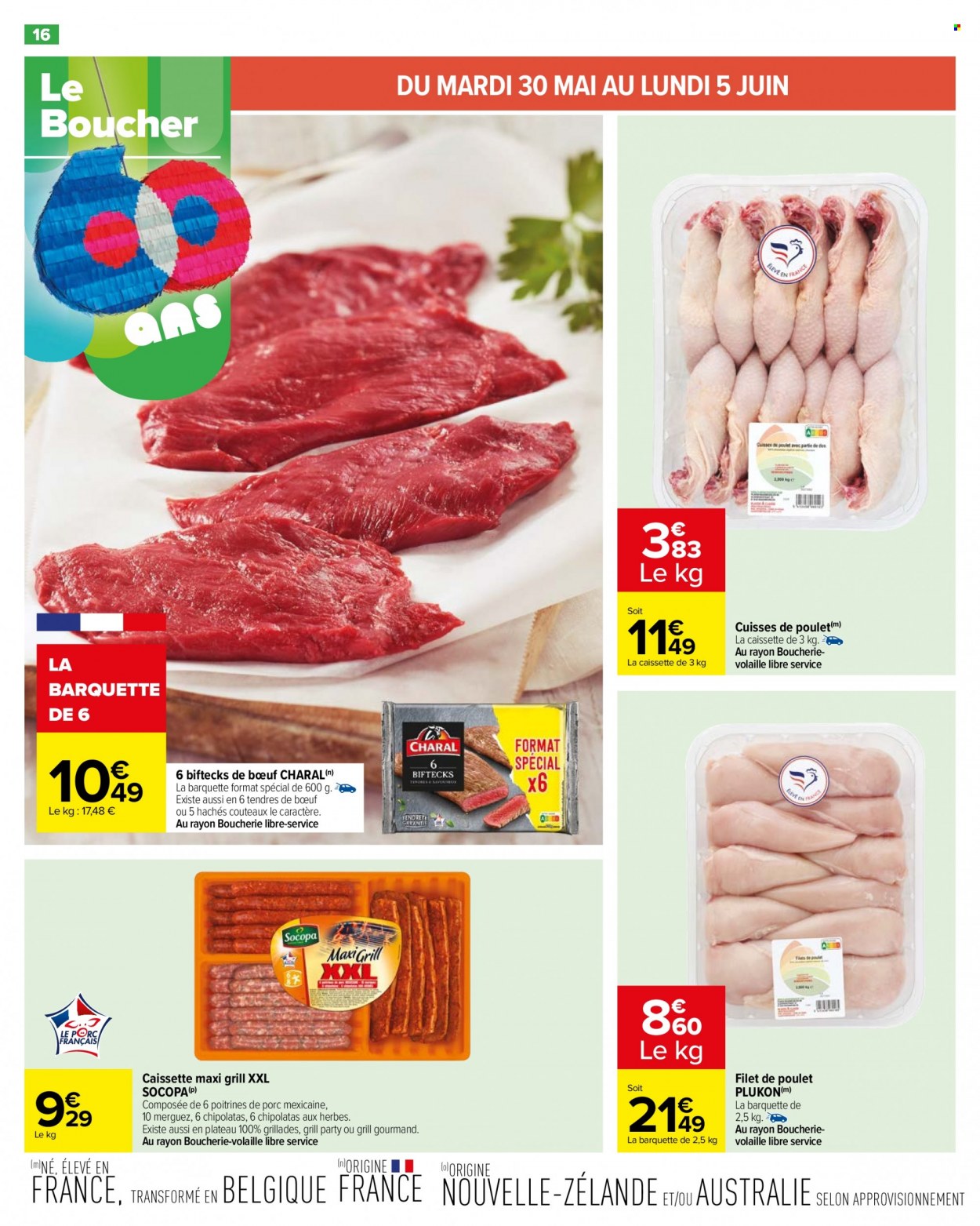 thumbnail - Catalogue Carrefour Hypermarchés - 30/05/2023 - 12/06/2023 - Produits soldés - filet de poulet, cuisses de poulet, viande de poulet, merguez, chipolata. Page 20.