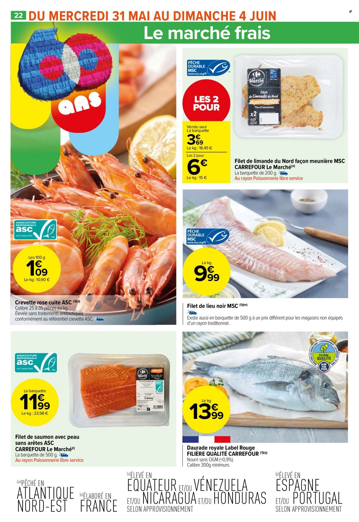 thumbnail - Catalogue Carrefour Market - 30/05/2023 - 11/06/2023 - Produits soldés - saumon, crevettes, limande, crevette rosé, dorade, filet de lieu, pavés de saumon. Page 28.
