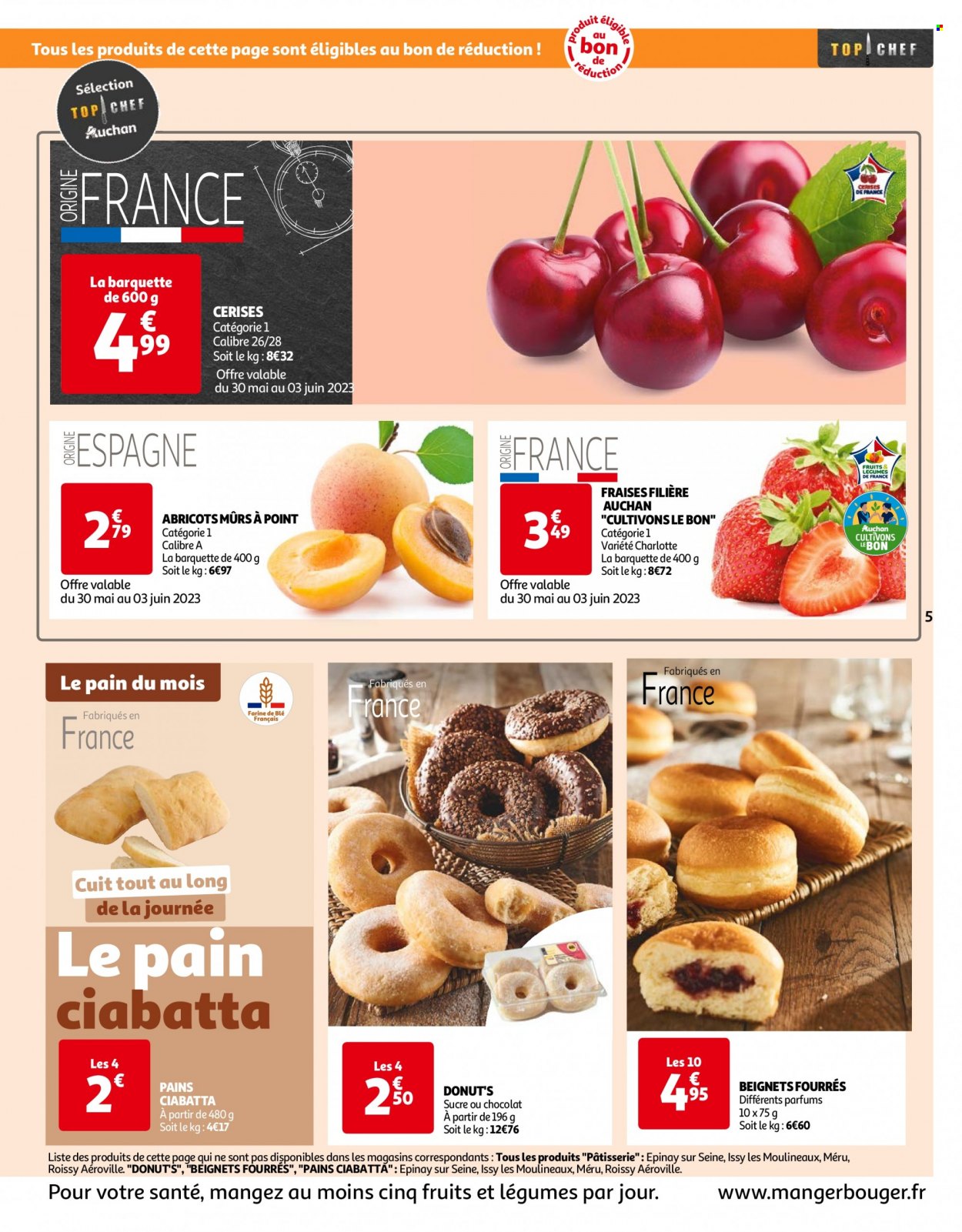 thumbnail - Catalogue Auchan - 31/05/2023 - 05/06/2023 - Produits soldés - cerises, fraises, ciabatta, beignets. Page 5.