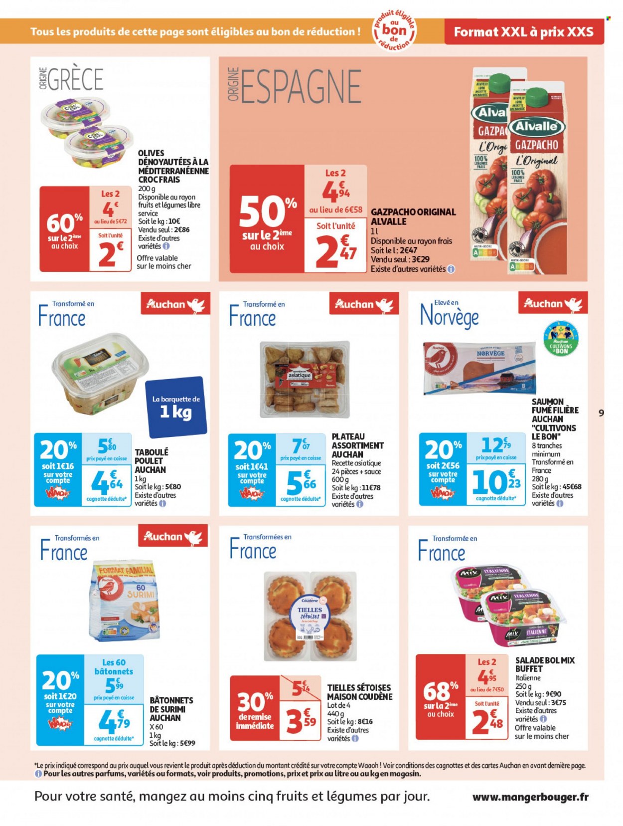 thumbnail - Catalogue Auchan - 31/05/2023 - 05/06/2023 - Produits soldés - salade, poulet, saumon, surimi, bâtonnets de surimi, gazpacho, saumon fumé, maison. Page 9.