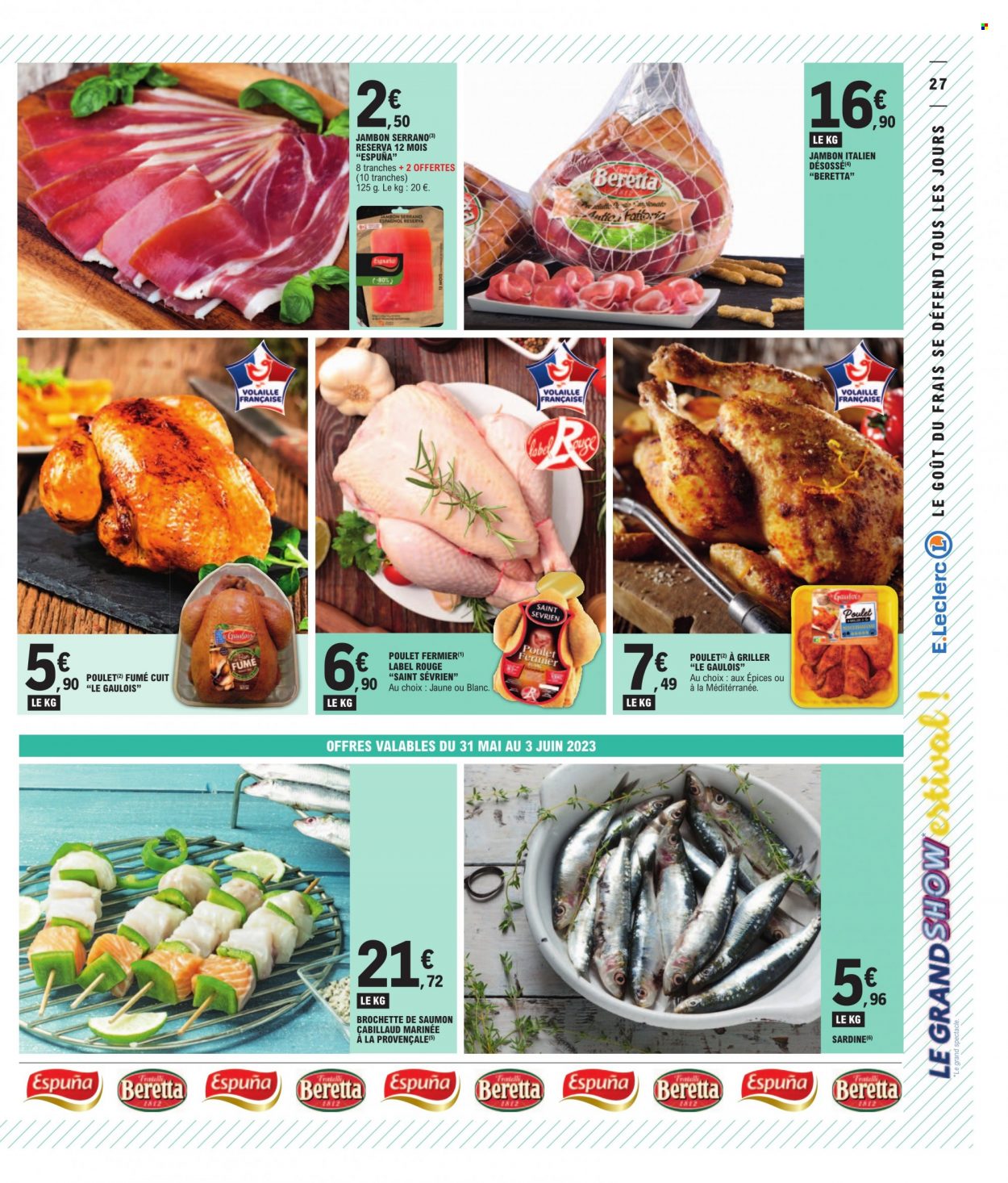 thumbnail - Catalogue E.Leclerc - 30/05/2023 - 11/06/2023 - Produits soldés - poulet, viande de poulet, saumon, cabillaud, sardines, jambon. Page 27.