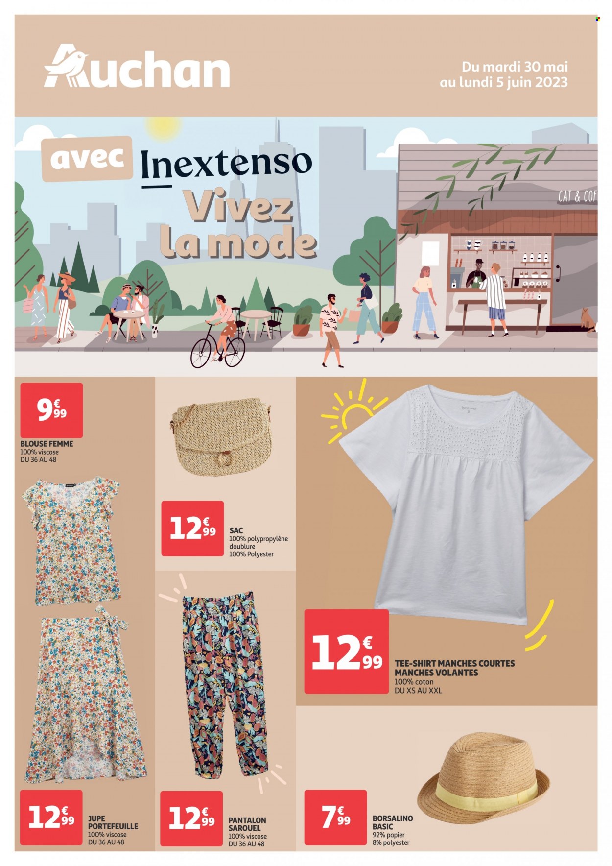 thumbnail - Catalogue Auchan - 30/05/2023 - 05/06/2023 - Produits soldés - sac, pantalon, jupe, t-shirt. Page 1.