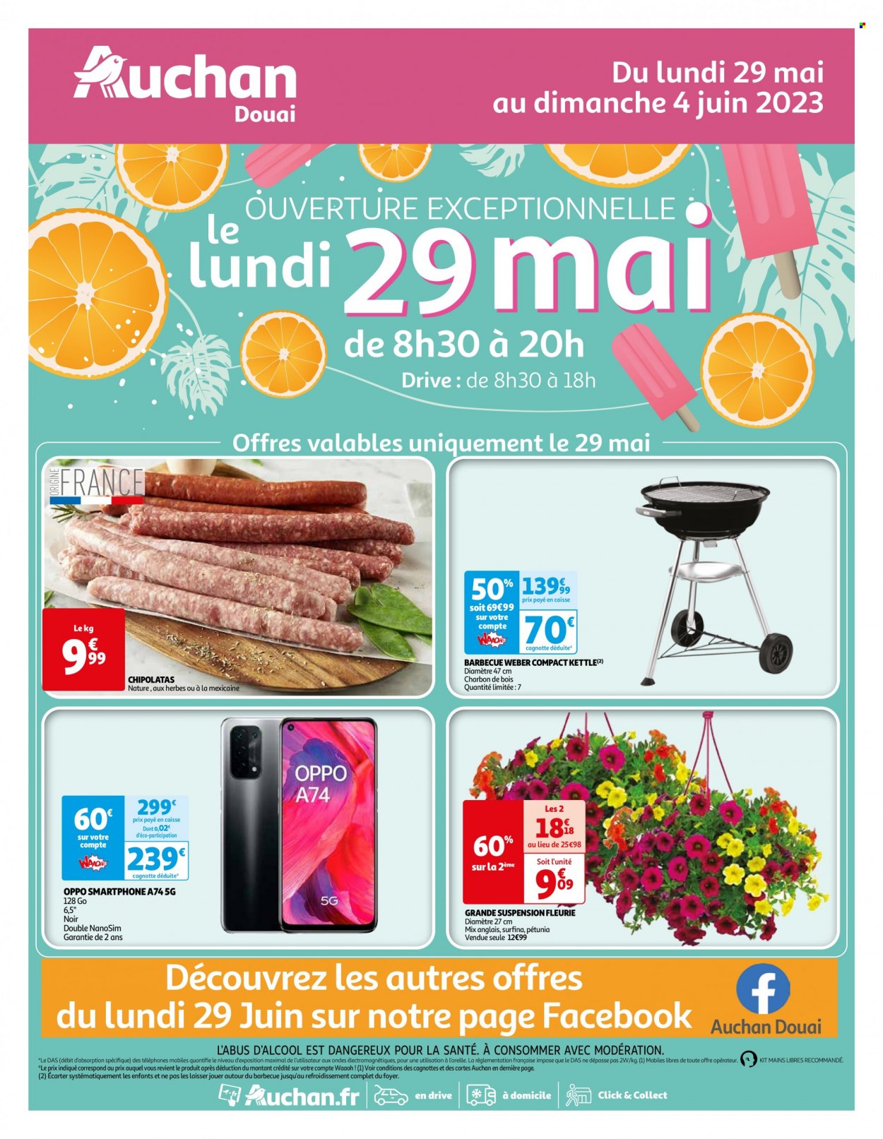 thumbnail - Catalogue Auchan - 29/05/2023 - 04/06/2023 - Produits soldés - chipolata, smartphone, Oppo, barbecue. Page 1.