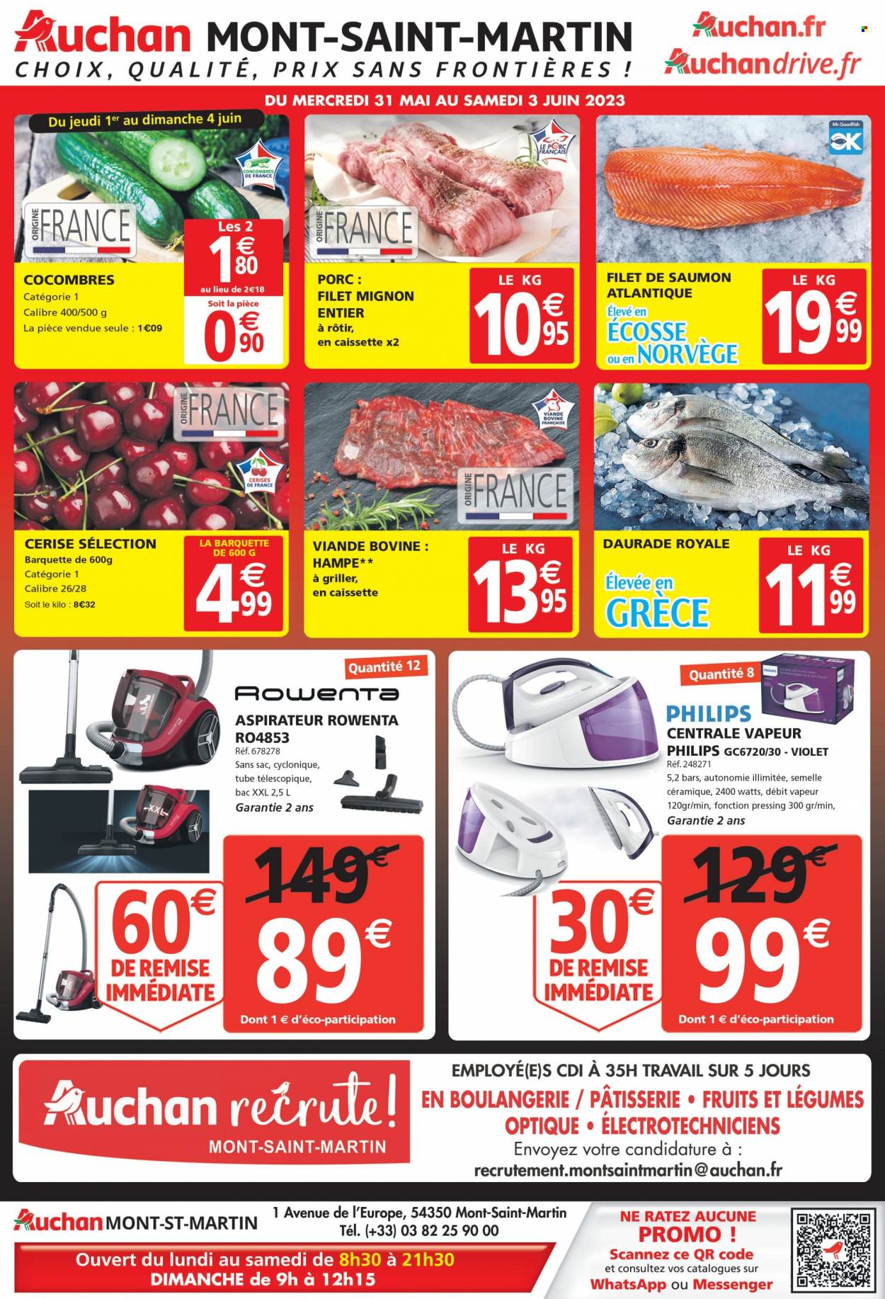 thumbnail - Catalogue Auchan - 31/05/2023 - 03/06/2023 - Produits soldés - filet mignon, viande, Philips, cerises, concombre, saumon, dorade, pavés de saumon, aspirateur, Rowenta, centrale vapeur. Page 1.