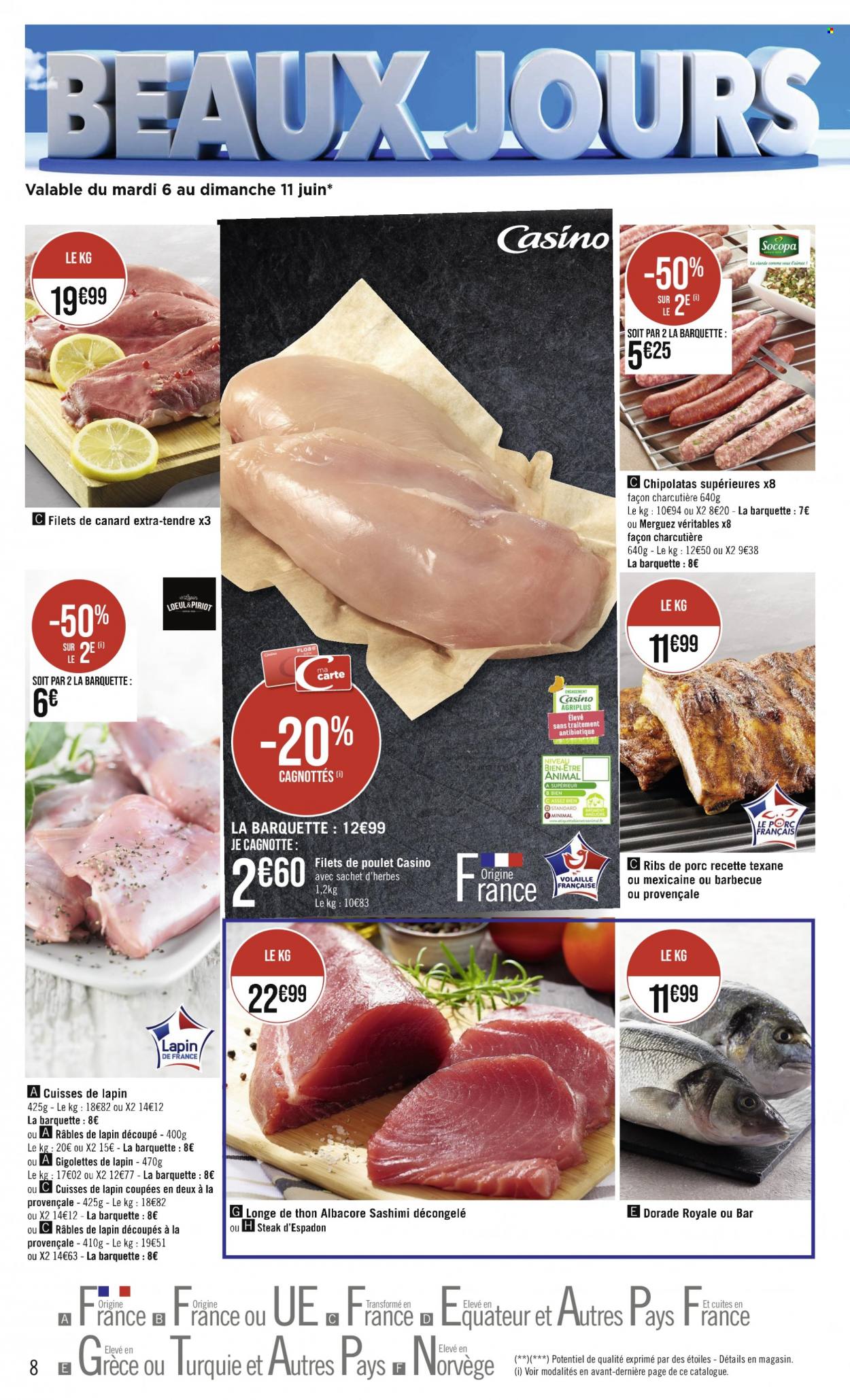 thumbnail - Catalogue Casino Supermarchés - 05/06/2023 - 18/06/2023 - Produits soldés - steak, côtes de porc, viande de porc, filet de poulet, viande de poulet, filet de canard, viande de lapin, cuisses de lapin, espadon, dorade, merguez, chipolata. Page 8.