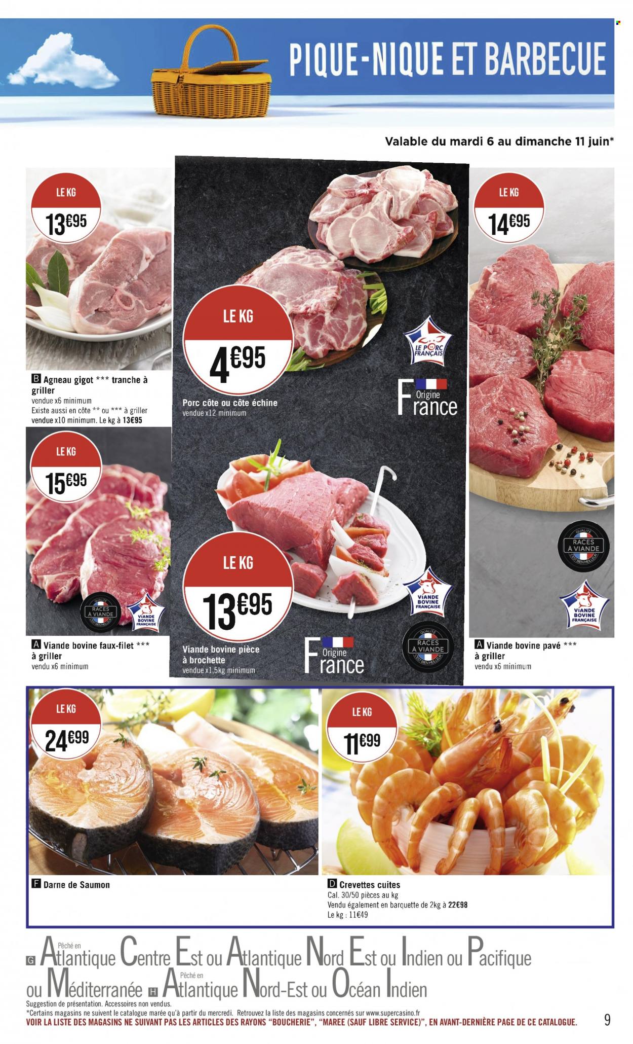 thumbnail - Catalogue Casino Supermarchés - 05/06/2023 - 18/06/2023 - Produits soldés - viande, viande d'agneau, saumon, crevettes. Page 9.