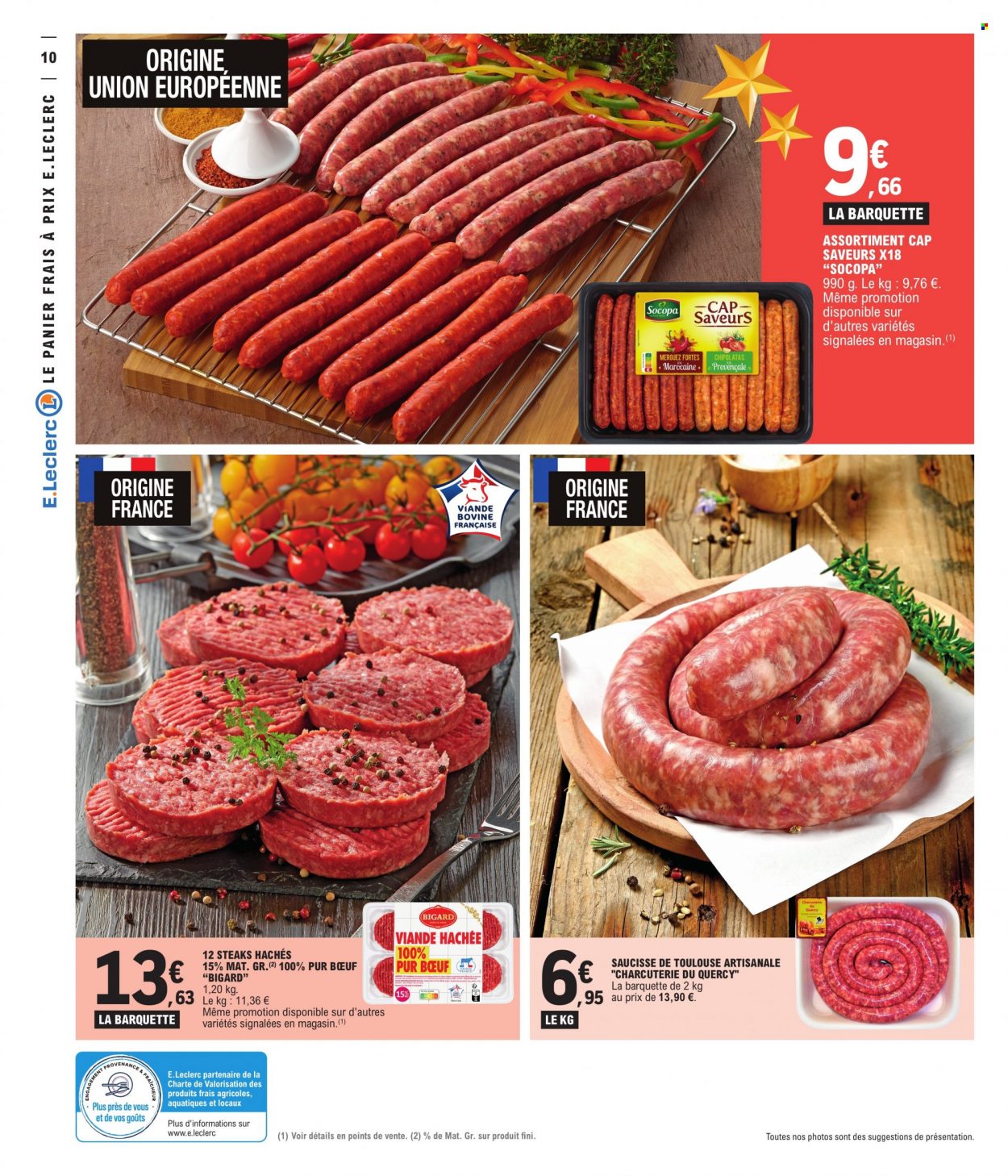 thumbnail - Catalogue E.Leclerc - Produits soldés - viande, steak haché, viande hachée, merguez, saucisse, chipolata. Page 10.