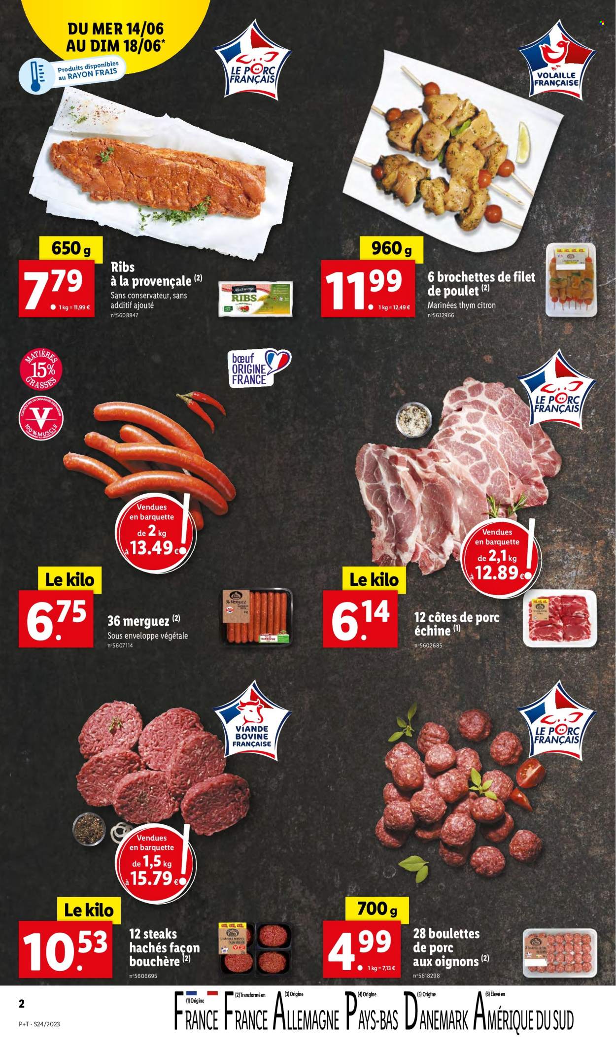 thumbnail - Catalogue Lidl - 14/06/2023 - 20/06/2023 - Produits soldés - steak, côtes de porc, côtes de porc échine, viande de porc, viande, filet de poulet, viande de poulet, merguez. Page 2.