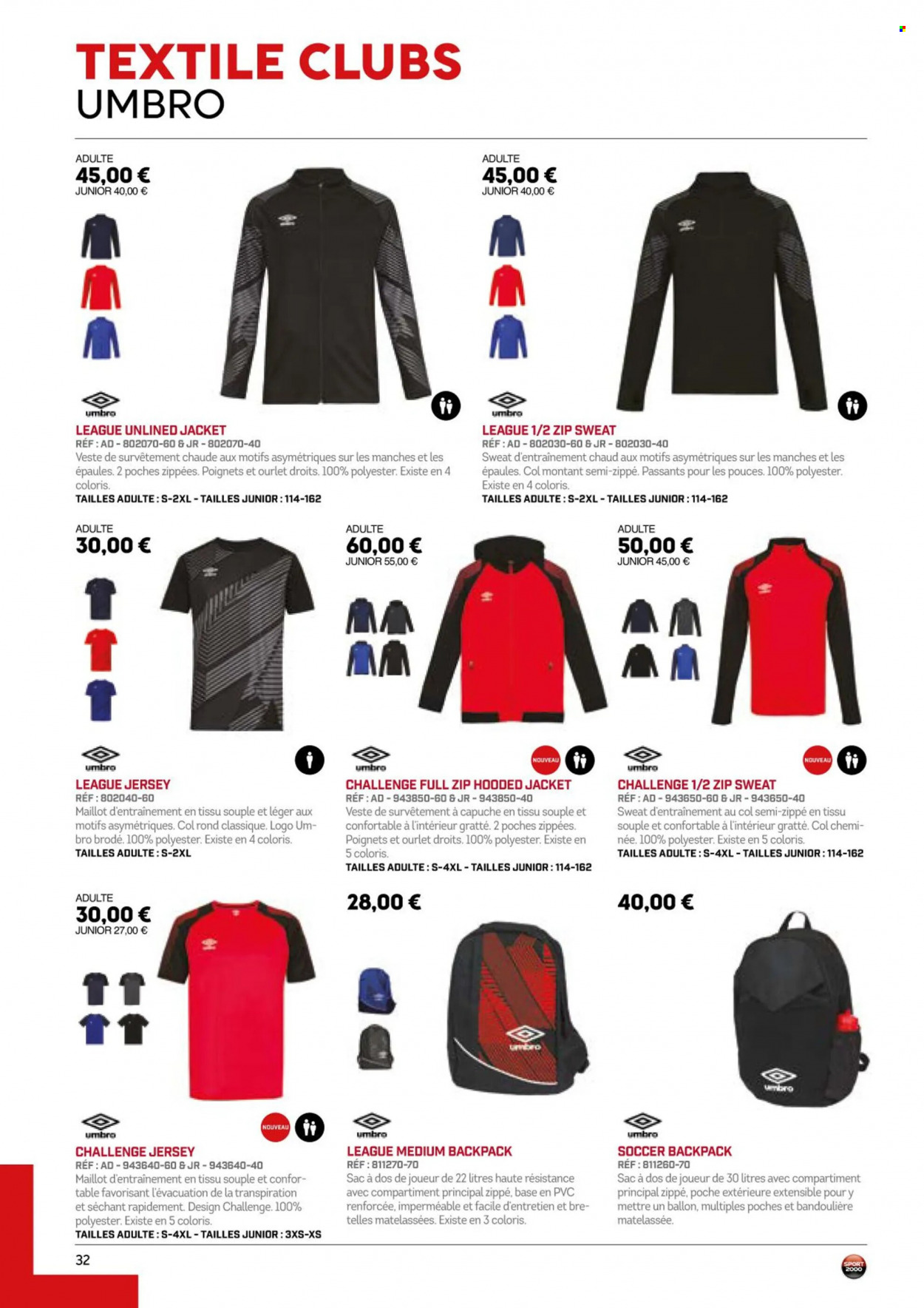 thumbnail - Catalogue Sport 2000 - Produits soldés - Umbro, veste, maillot, sweat-shirt, sac à dos. Page 32.