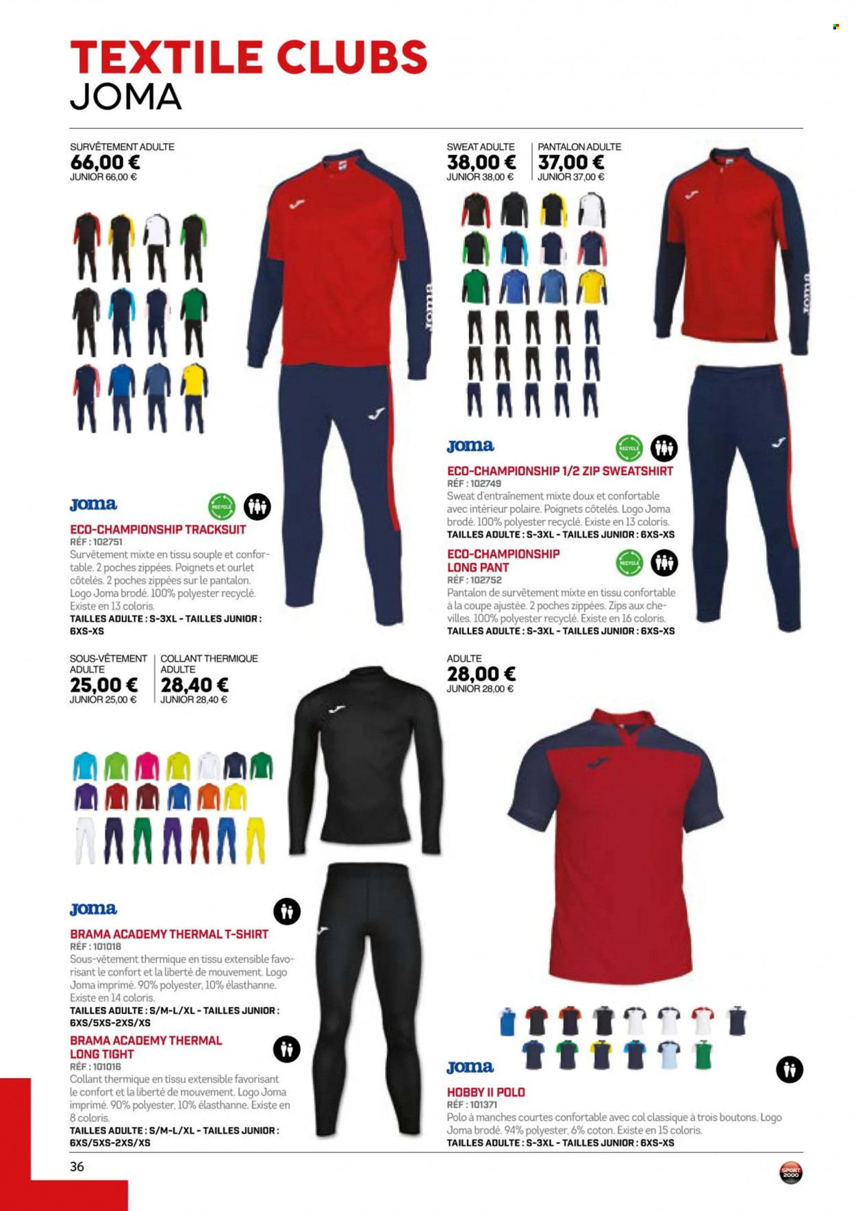 thumbnail - Catalogue Sport 2000 - Produits soldés - Joma, pantalon, t-shirt, sweat-shirt, collant. Page 36.