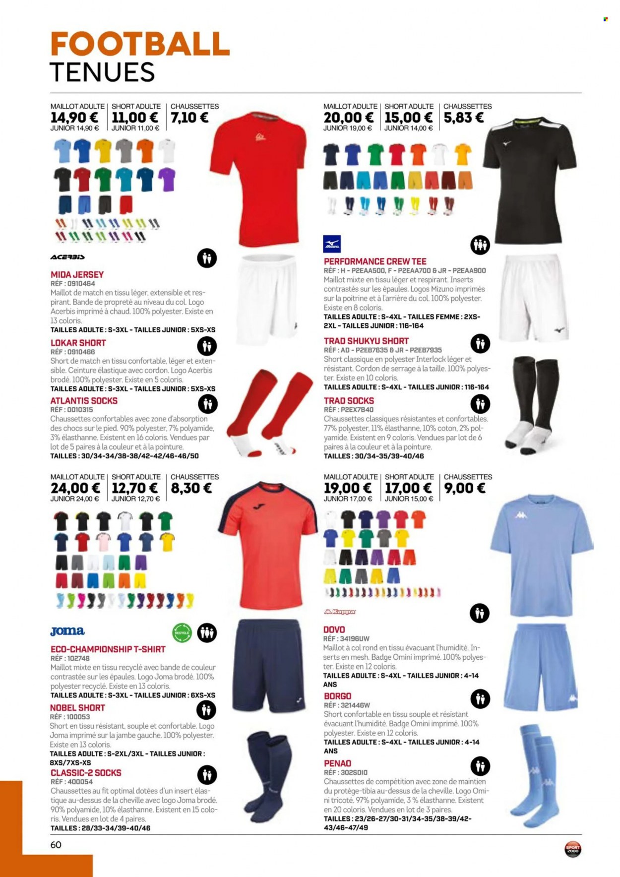 thumbnail - Catalogue Sport 2000 - Produits soldés - Joma, Kappa, Mizuno, shorts, t-shirt, maillot, chaussettes. Page 60.