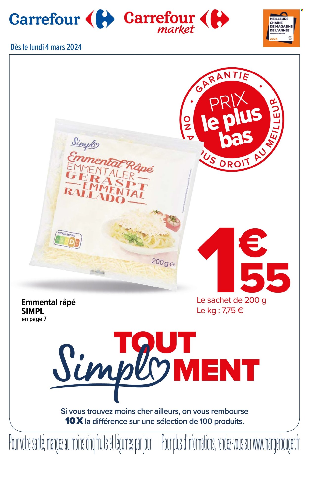 thumbnail - Catalogue Carrefour - 04/03/2024 - 31/12/2024 - Produits soldés - emmental, fromage, fromage râpé. Page 1.