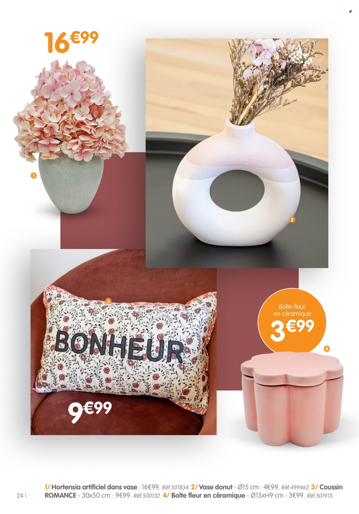 thumbnail - Catalogue B&M - Produits soldés - donut, coussin, fleur, hortensia. Page 24.