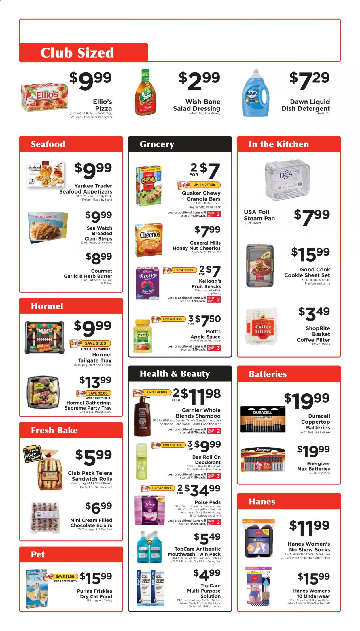 thumbnail - ShopRite Flyer - 01/03/2021 - 02/06/2021 - Sales products - clams, pizza, sauce, Quaker, Hormel, butter, strips, chocolate, Kellogg's, fruit snack, Cheerios, granola bar, salad dressing, dressing, apple sauce, Mott's, detergent, shampoo, mouthwash, Garnier, conditioner, anti-perspirant, roll-on, deodorant, tray, pan, foil steam pan, battery, Duracell, Energizer, animal food, cat food, Purina, dry cat food, Friskies, socks. Page 1.