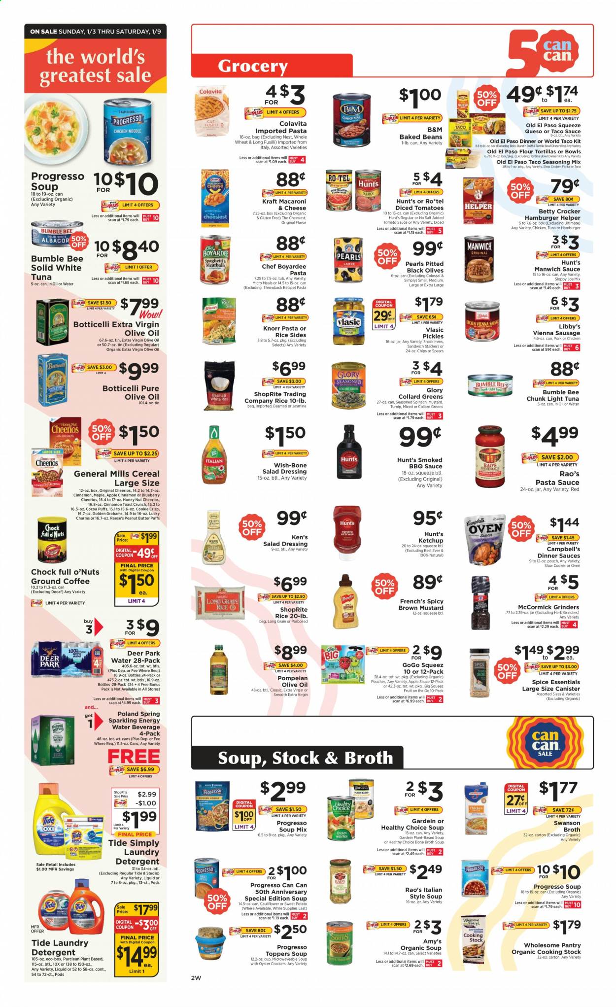 thumbnail - ShopRite Flyer - 01/03/2021 - 01/09/2021 - Sales products - tortillas, Old El Paso, toast bread, tuna, Campbell's, macaroni & cheese, sandwich, soup mix, Knorr, dinner kit, fajita, Progresso, Healthy Choice, Kraft®, sausage, vienna sausage, Reese's, beans, spinach, collard greens, sweet potato, pickles, crackers, chips, snack, oyster crackers, cocoa, broth, olives, light tuna, baked beans, Manwich, Chef Boyardee, cereals, Cheerios, basmati rice, rice, herbs, cinnamon, BBQ sauce, mustard, salad dressing, taco sauce, tomato sauce, ketchup, pasta sauce, dressing, extra virgin olive oil, olive oil, apple sauce, peanut butter, detergent, Tide, laundry detergent, canister, cup, bowl. Page 2.