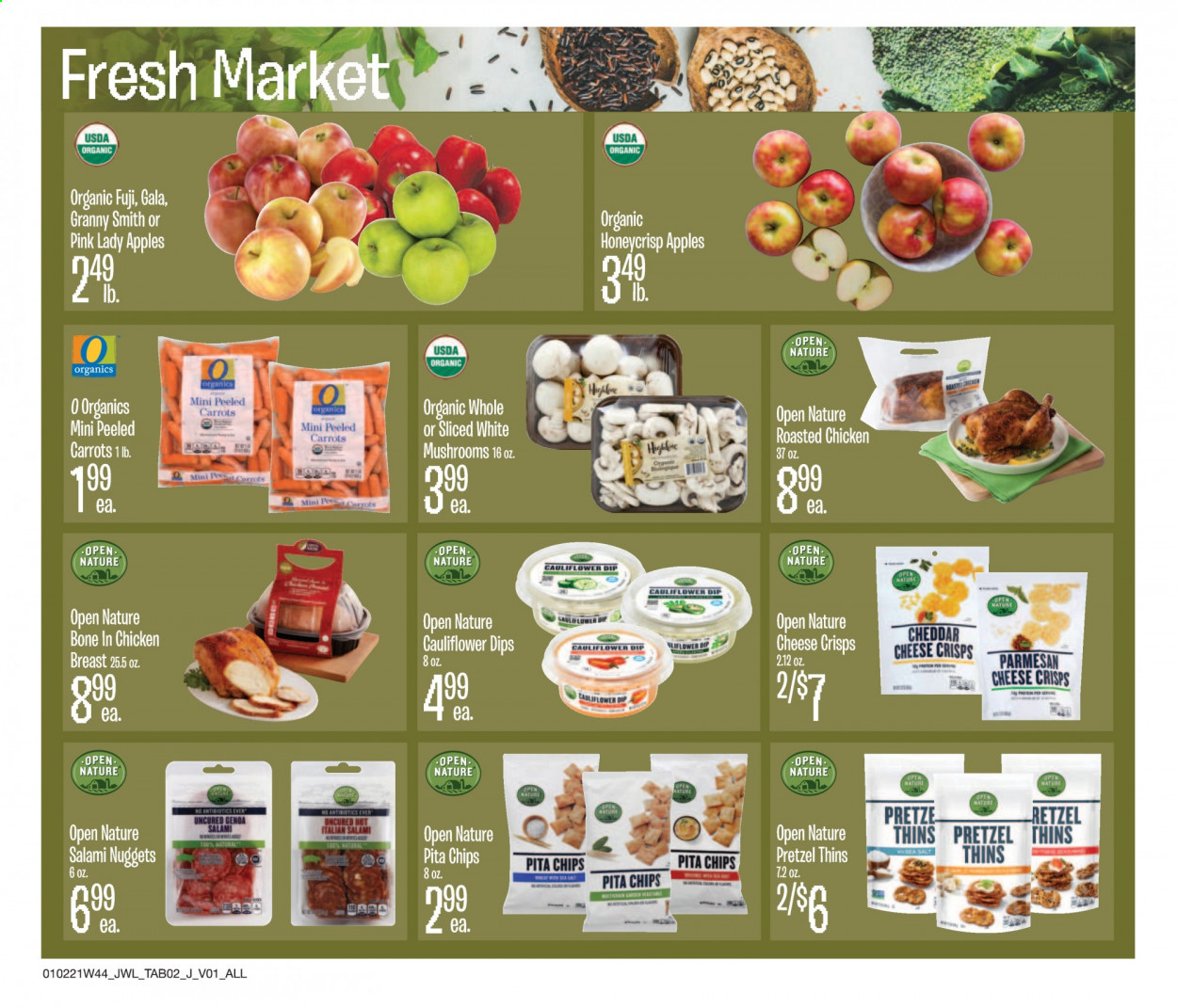 thumbnail - Jewel Osco Flyer - 01/02/2021 - 01/26/2021 - Sales products - mushrooms, pretzels, apples, nuggets, salami, cheddar, parmesan, cheese, dip, carrots, cauliflower, chips, Thins, salt, chicken breasts. Page 2.