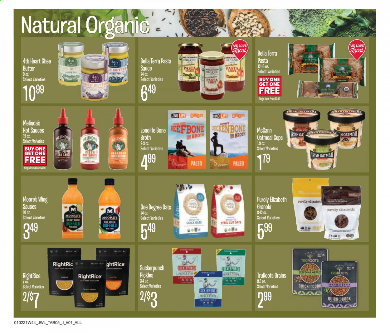 thumbnail - Jewel Osco Flyer - 01/02/2021 - 01/26/2021 - Sales products - pickles, pizza, blue cheese, cheese, butter, ghee, chocolate, chips, oatmeal, oats, broth, granola, Quick Oats, penne, esponja, steak sauce, hot sauce, pasta sauce, wing sauce, steak, Bella, cup. Page 5.