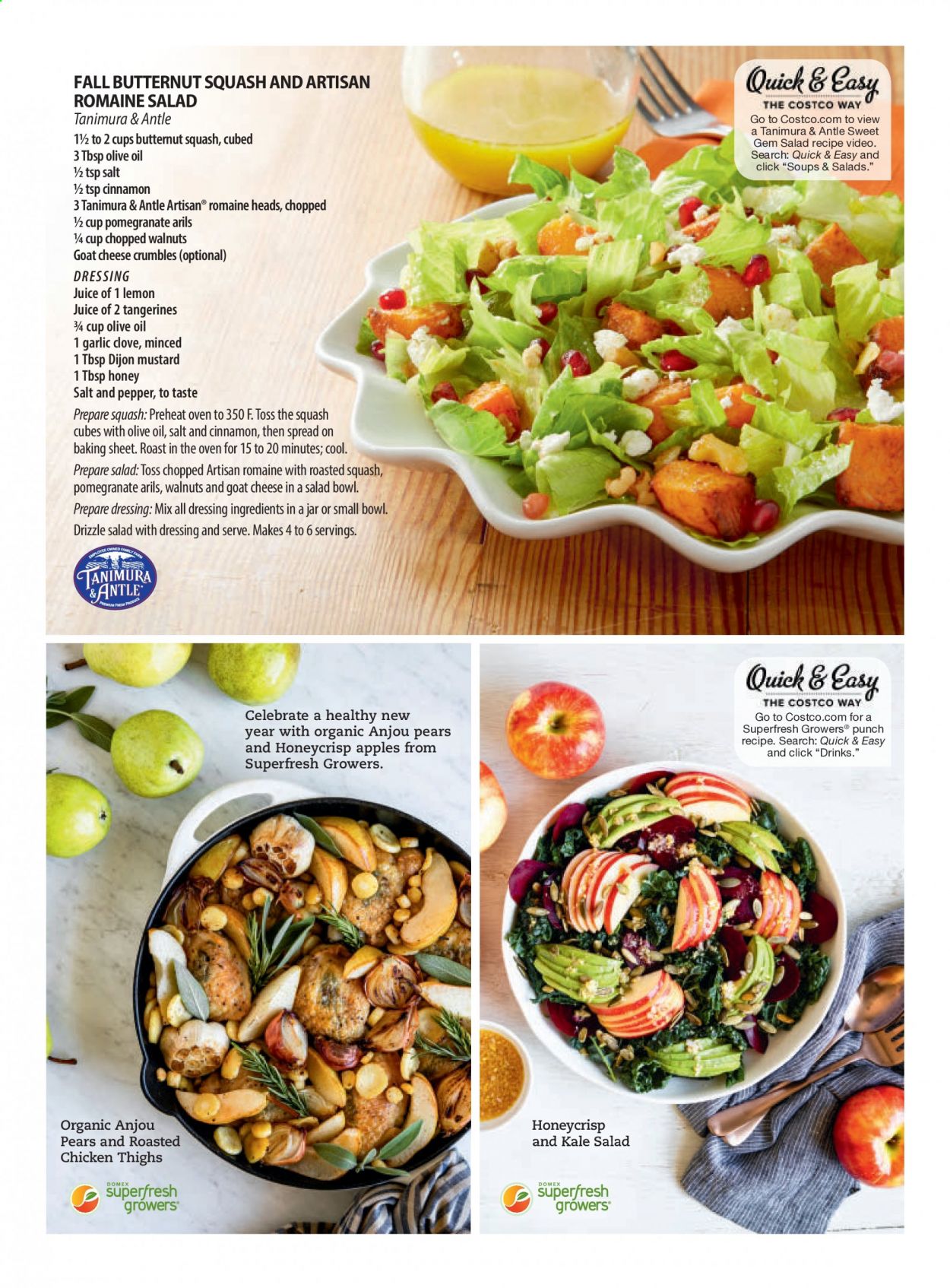 thumbnail - Costco Flyer - 01/01/2021 - 01/31/2021 - Sales products - apples, pears, goat cheese, cheese, cheese crumbles, salt, garlic, pepper, cloves, cinnamon, mustard, olive oil, walnuts, lemon juice, punch, chicken thighs, salad bowl, bowl, jar, oven, tangerines. Page 106.
