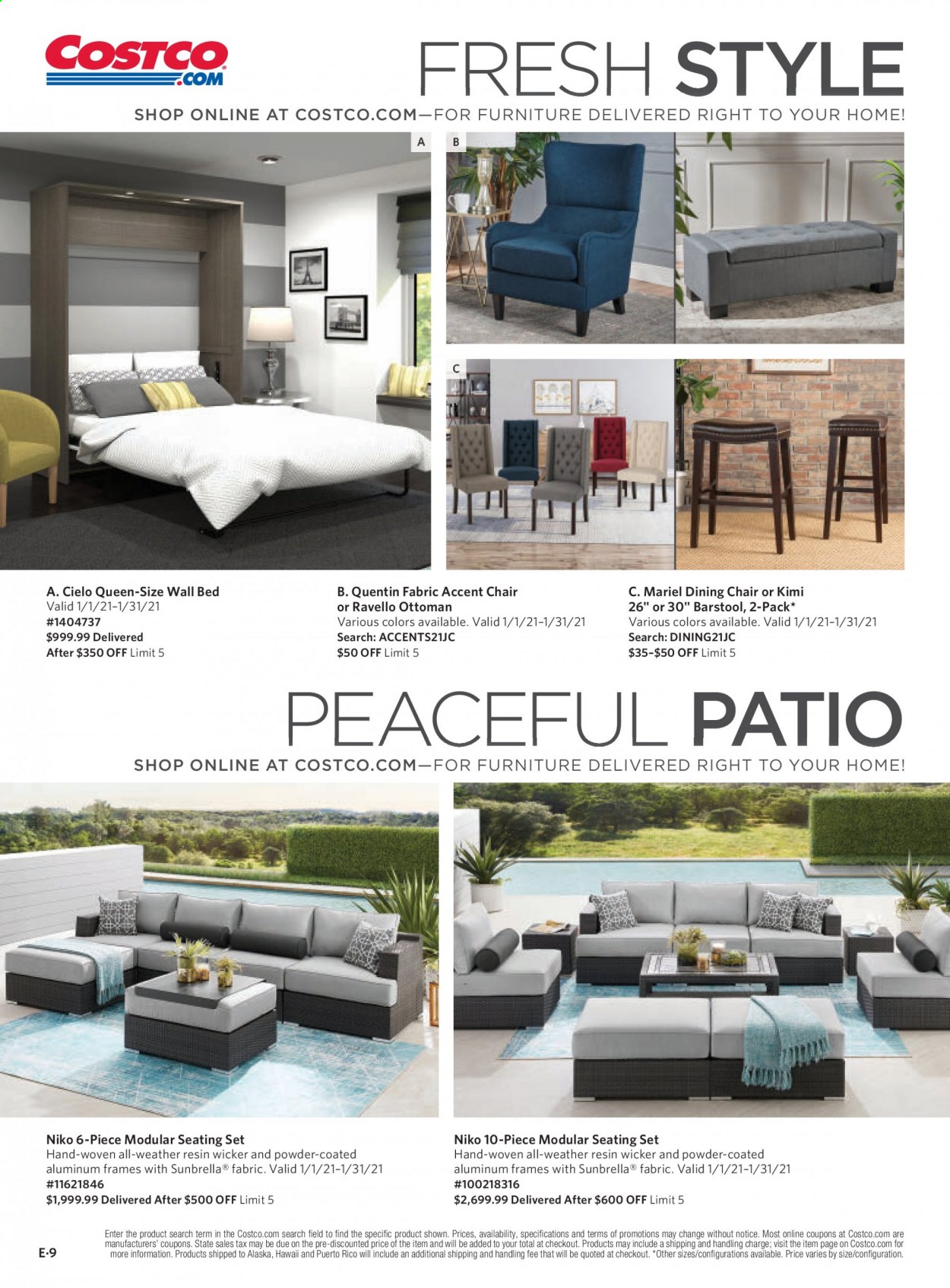 thumbnail - Costco Flyer - 01/01/2021 - 01/31/2021 - Sales products - chair, bar stool, dining chair, accent chair, seating set, ottoman, bed. Page 153.