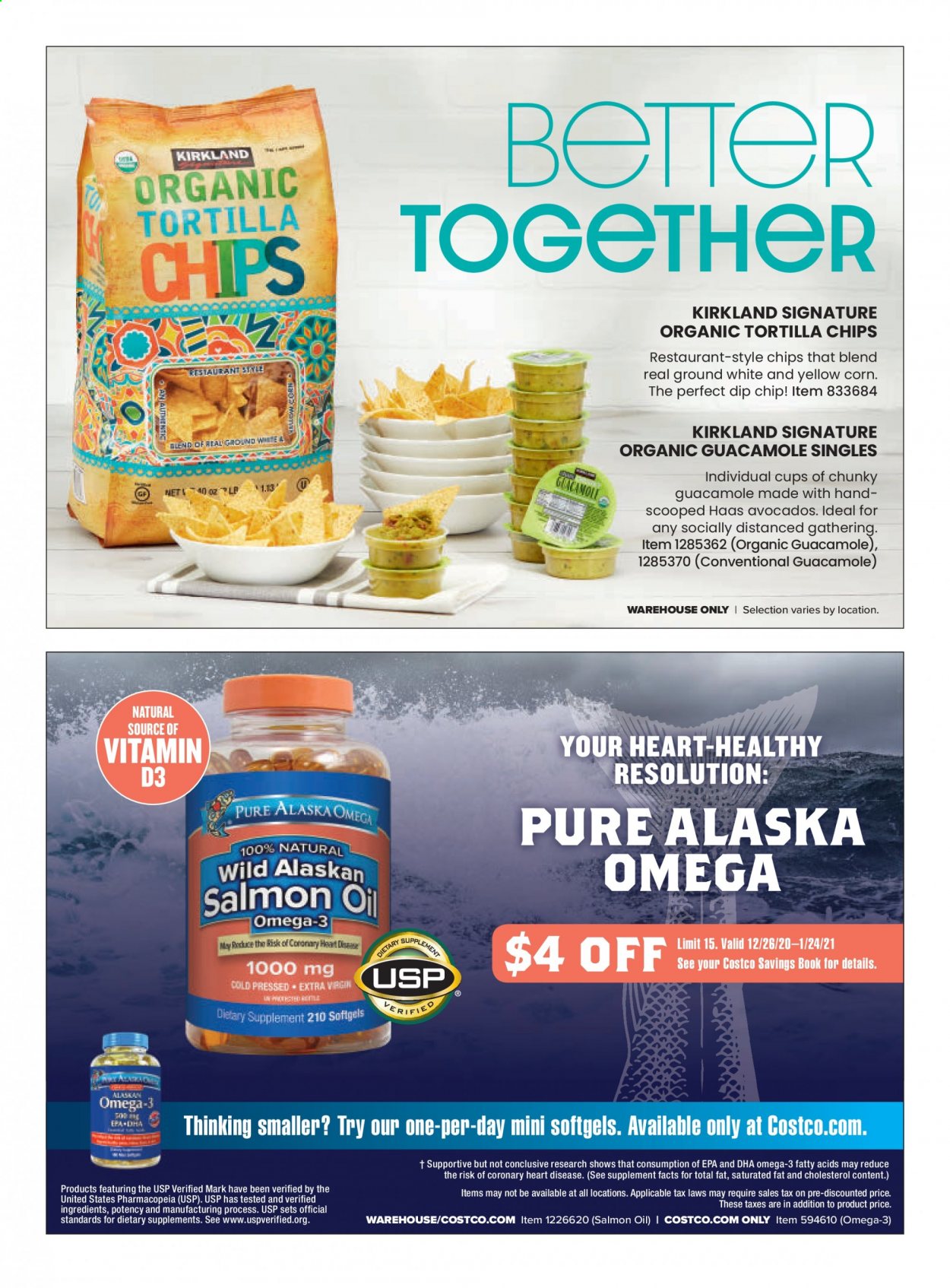 thumbnail - Costco Flyer - 01/01/2021 - 01/31/2021 - Sales products - salmon, guacamole, dip, corn, tortilla chips, chips, cup, book, Omega-3, vitamin D3, dietary supplement, avocado. Page 154.