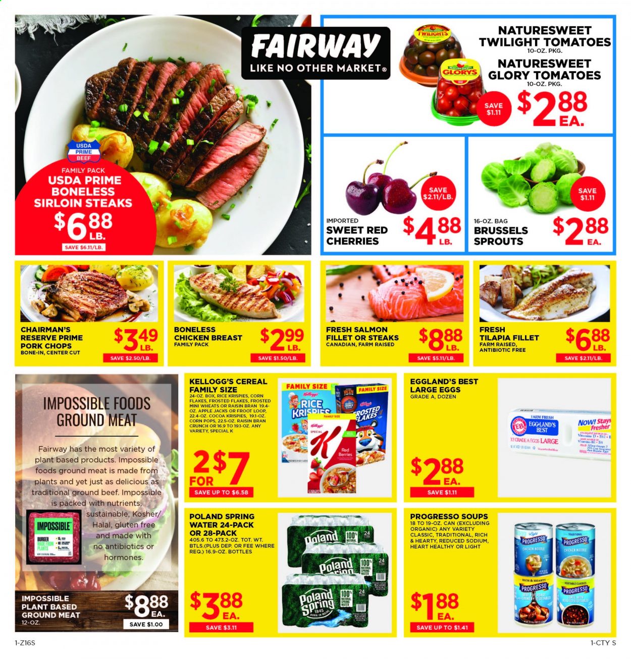 thumbnail - Fairway Market Flyer - 01/01/2021 - 01/07/2021 - Sales products - salmon, tilapia, hamburger, Progresso, large eggs, brussel sprouts, Kellogg's, cocoa, cereals, Rice Krispies, Frosted Flakes, Corn Pops, Raisin Bran, noodles, spring water, chicken breasts, beef meat, ground beef, steak, sirloin steak, pork chops, pork meat, cherries. Page 1.