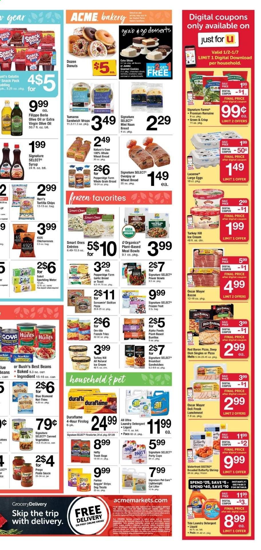thumbnail - ACME Flyer - 01/02/2021 - 01/07/2021 - Sales products - wheat bread, toast bread, cake, donut, shrimps, StarKist, pizza, sandwich, sauce, Oscar Mayer, lunch meat, large eggs, ice cream, strips, potato fries, french fries, Ore-Ida, Screamin' Sicilian, Red Baron, cookies, tortilla chips, Thins, oatmeal, pasta sauce, extra virgin olive oil, olive oil, syrup, raisins, Blue Diamond, sparkling water, detergent, Tide, laundry detergent, Hefty, trash bags, party cups, cup, Purina, Beggin', gelatin, bag, Nature's Own. Page 3.