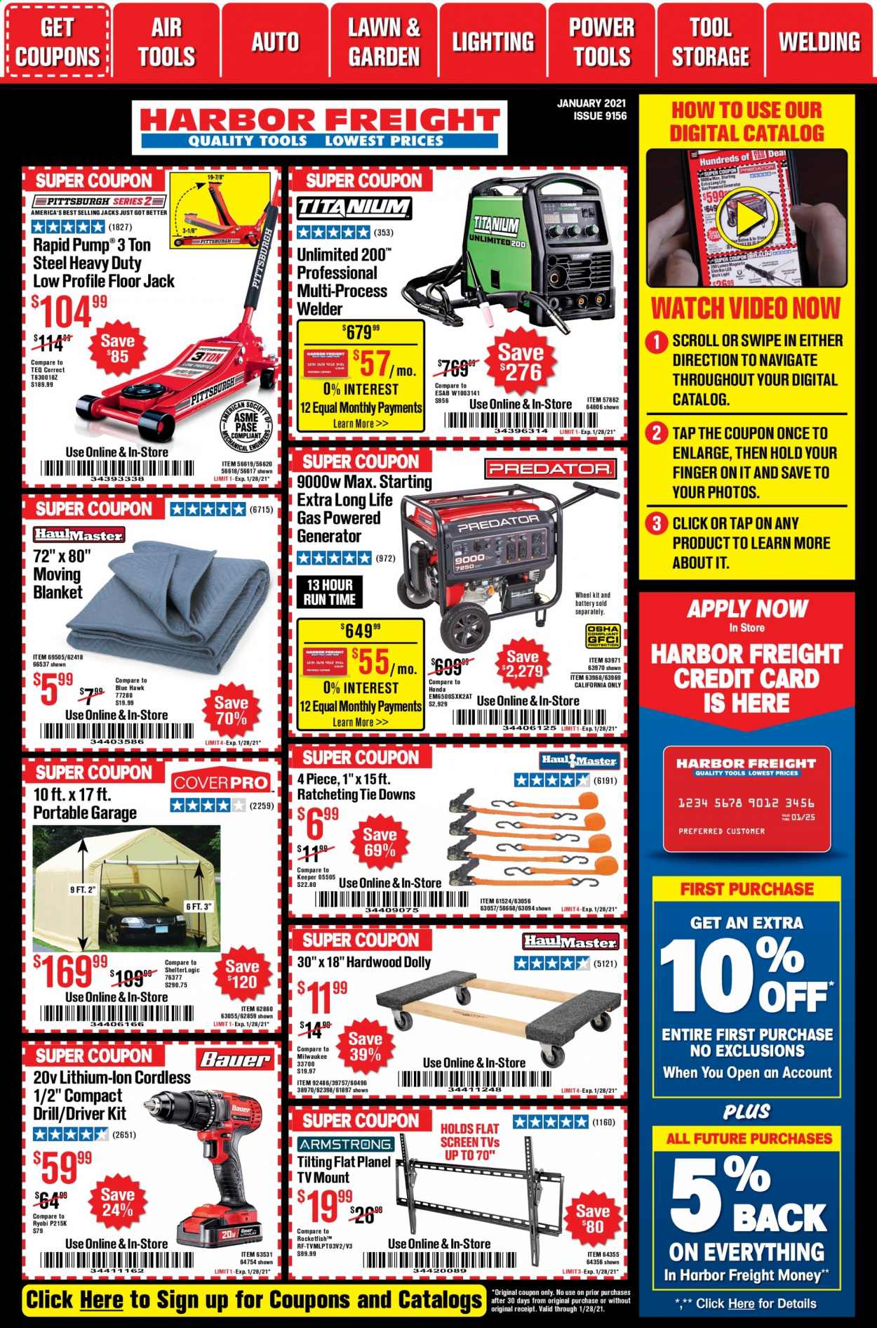 thumbnail - Harbor Freight Flyer - 01/01/2021 - 01/28/2021 - Sales products - Milwaukee, drill, power tools, Ryobi, blanket, generator, welder, moving blanket, pump, floor jack, tie downs, portable garage. Page 1.