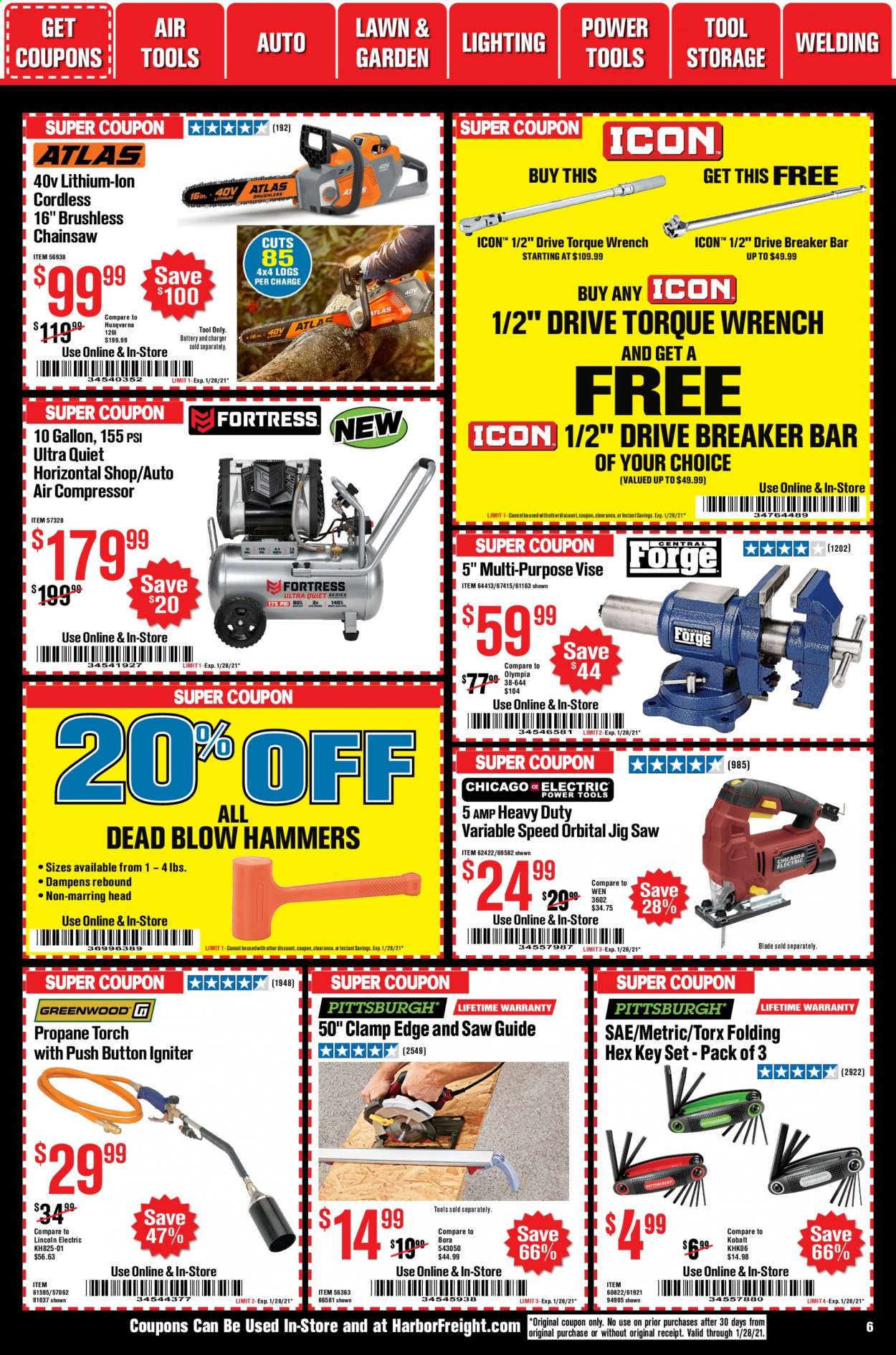 thumbnail - Harbor Freight Flyer - 01/01/2021 - 01/28/2021 - Sales products - torch, power tools, chain saw, saw, Husqvarna, jig saw, wrench, torque wrench, air compressor. Page 6.