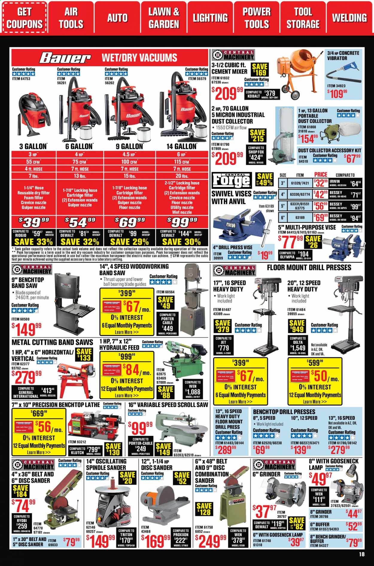 thumbnail - Harbor Freight Flyer - 01/01/2021 - 01/28/2021 - Sales products - vacuum cleaner, lamp, work light, DeWALT, drill, power tools, Ridgid, Ryobi, grinder, saw, scroll saw. Page 18.