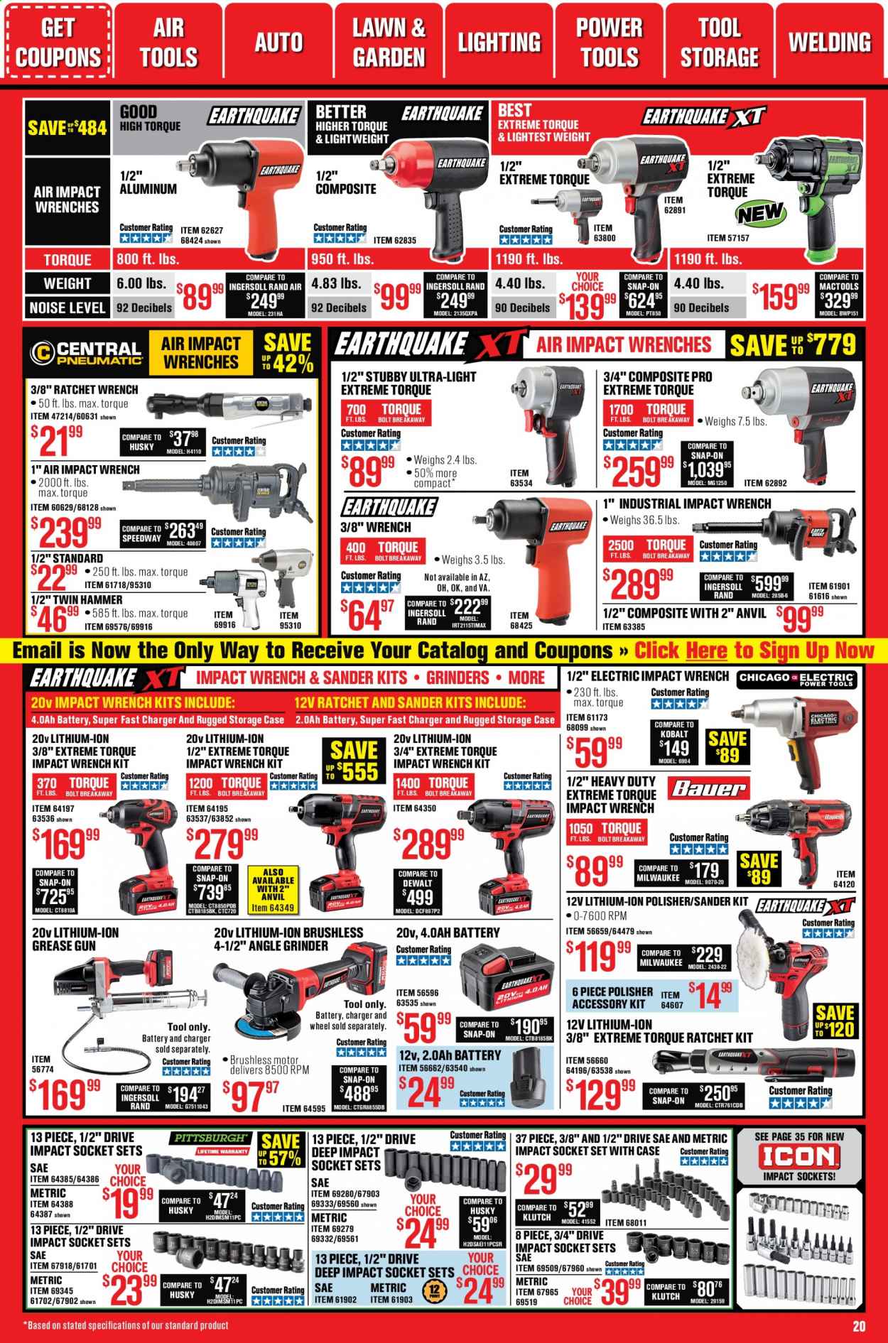 thumbnail - Harbor Freight Flyer - 01/01/2021 - 01/28/2021 - Sales products - gun, Milwaukee, DeWALT, power tools, hammer, grinder, angle grinder, socket set, wrench. Page 20.