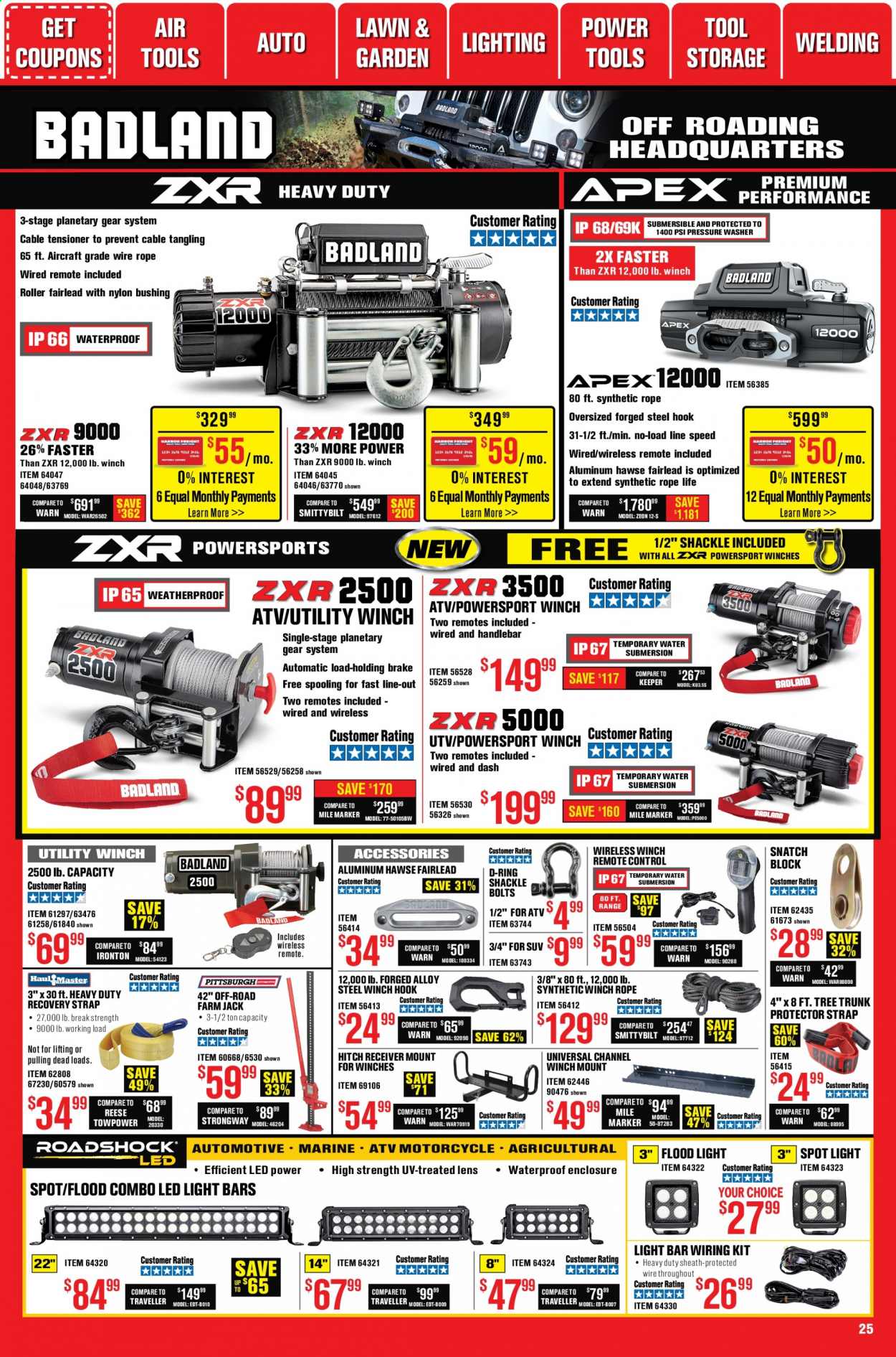 thumbnail - Harbor Freight Flyer - 01/01/2021 - 01/28/2021 - Sales products - hook, spotlight, remote control, roller, LED light, floodlight, Reese Towpower, power tools, pressure washer, winch, strap, wiring kit. Page 25.