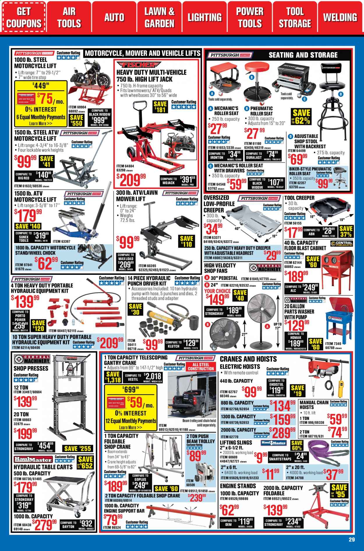 thumbnail - Harbor Freight Flyer - 01/01/2021 - 01/28/2021 - Sales products - remote control, adapter, roller, power tools, lawn mower, pump, trolley, high lift jack, Duralast, oversized low-profile creeper. Page 29.