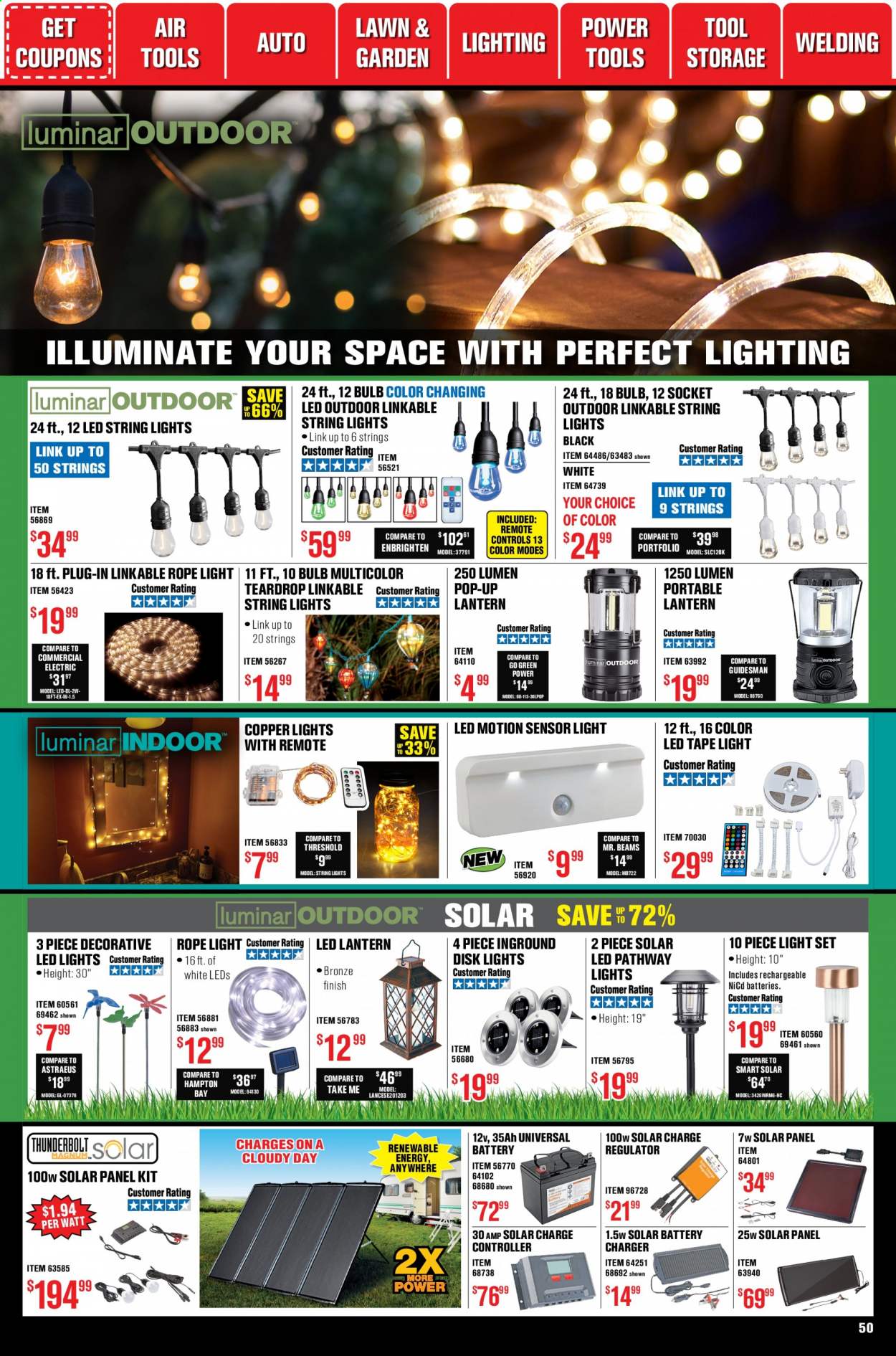 thumbnail - Harbor Freight Flyer - 01/01/2021 - 01/28/2021 - Sales products - battery charger, bulb, guidesman, LED light, LED pathway lights, light set, rope light, lantern, solar led, string lights, solar panel, power tools. Page 50.
