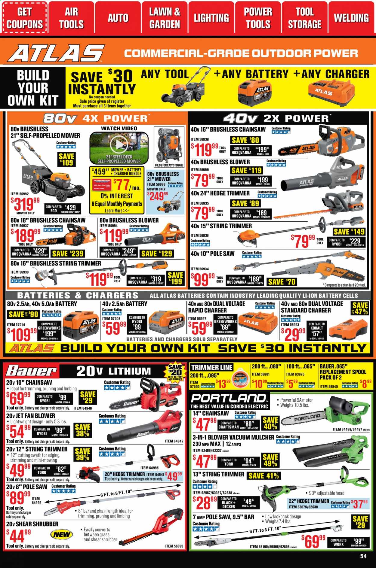 thumbnail - Harbor Freight Flyer - 01/01/2021 - 01/28/2021 - Sales products - vacuum cleaner, Black & Decker, power tools, Ryobi, Craftsman, chain saw, saw, Husqvarna, mulcher, string trimmer, blower. Page 54.